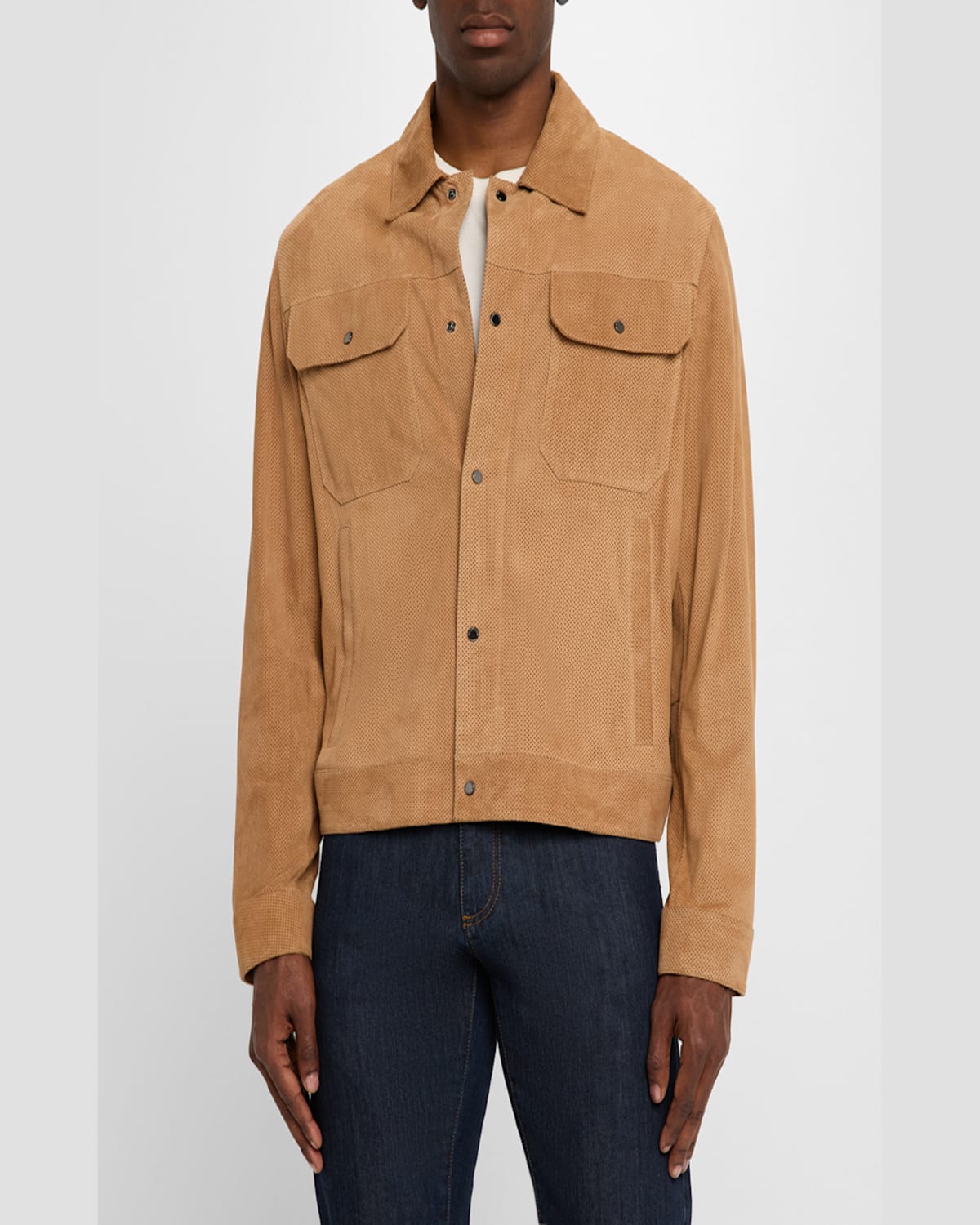 Emporio Armani Perforated Goatskin Suede Jacket In Beige