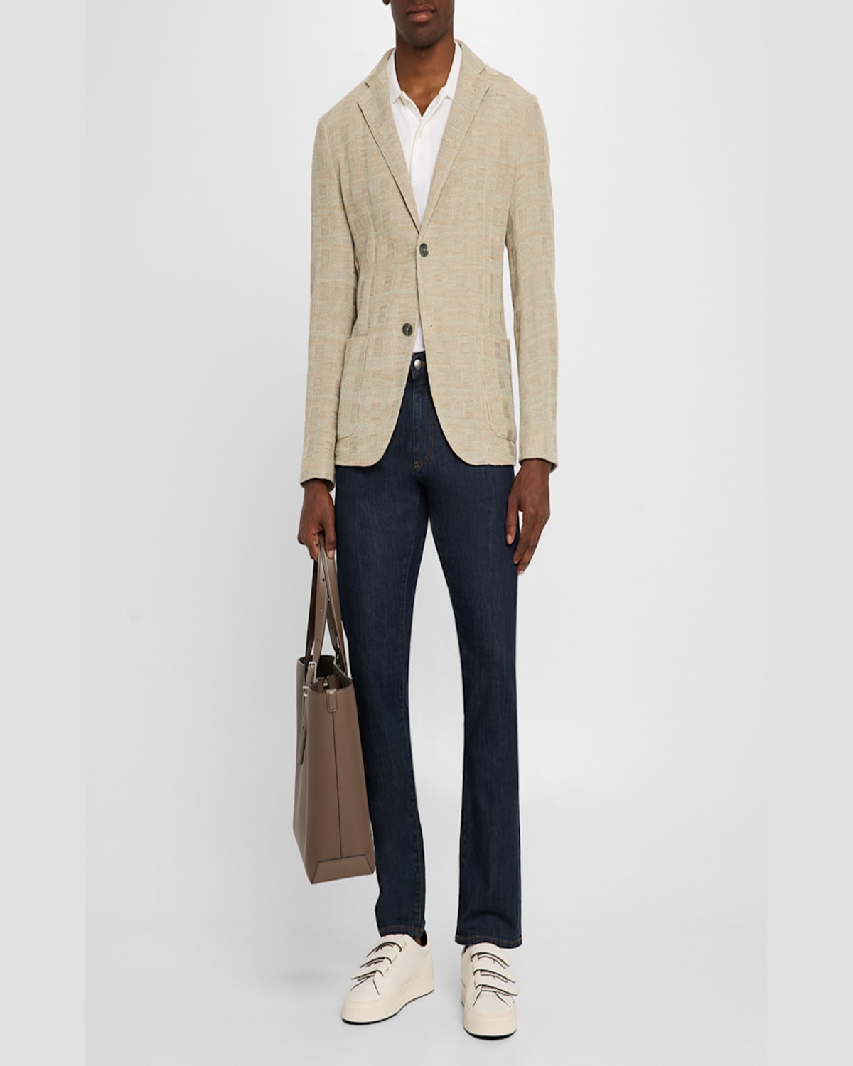 Emporio Armani Regular Fit Knit Window Pane Cotton Blazer In Beige