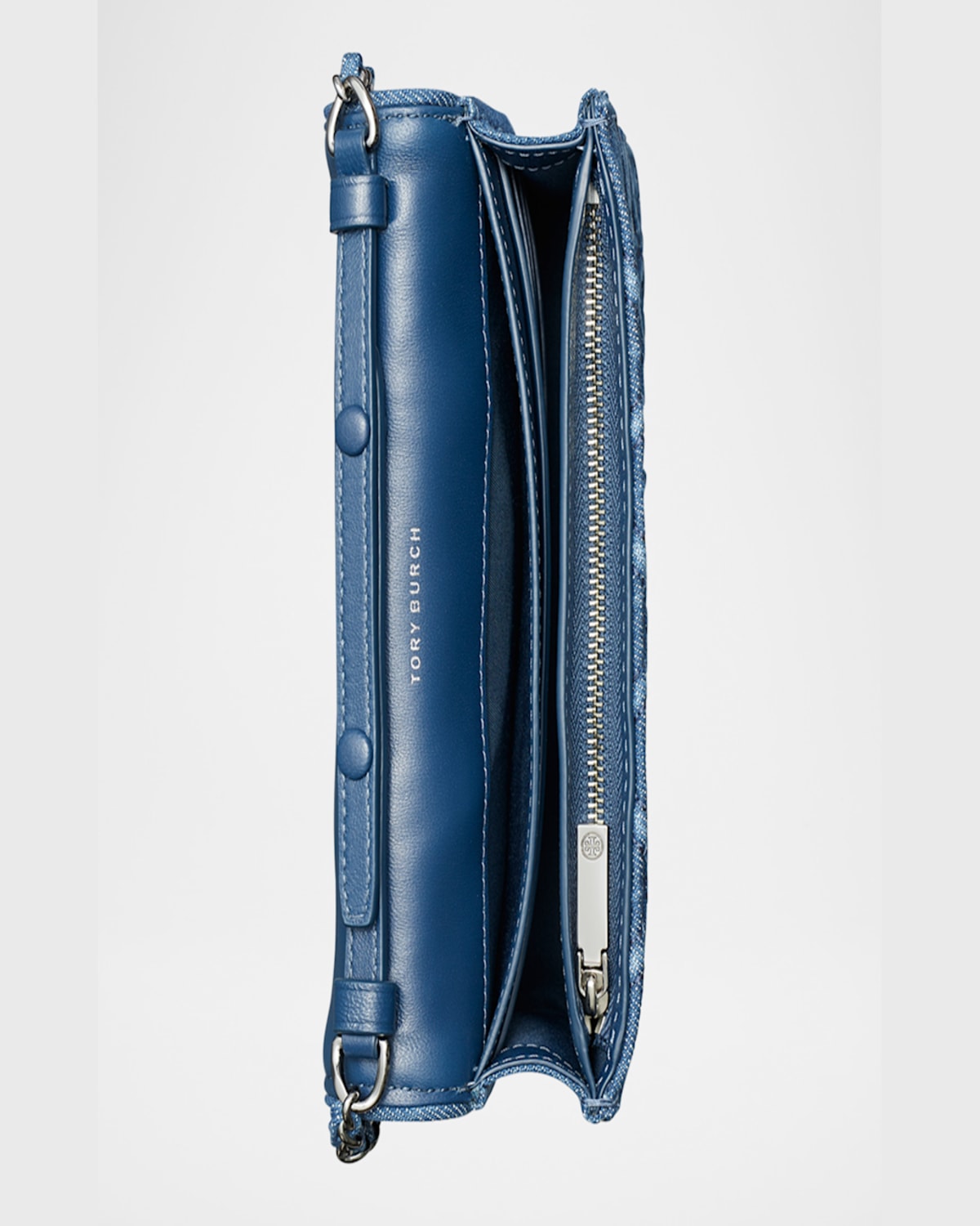 TORY BURCH FLEMING DENIM WALLET ON CHAIN 