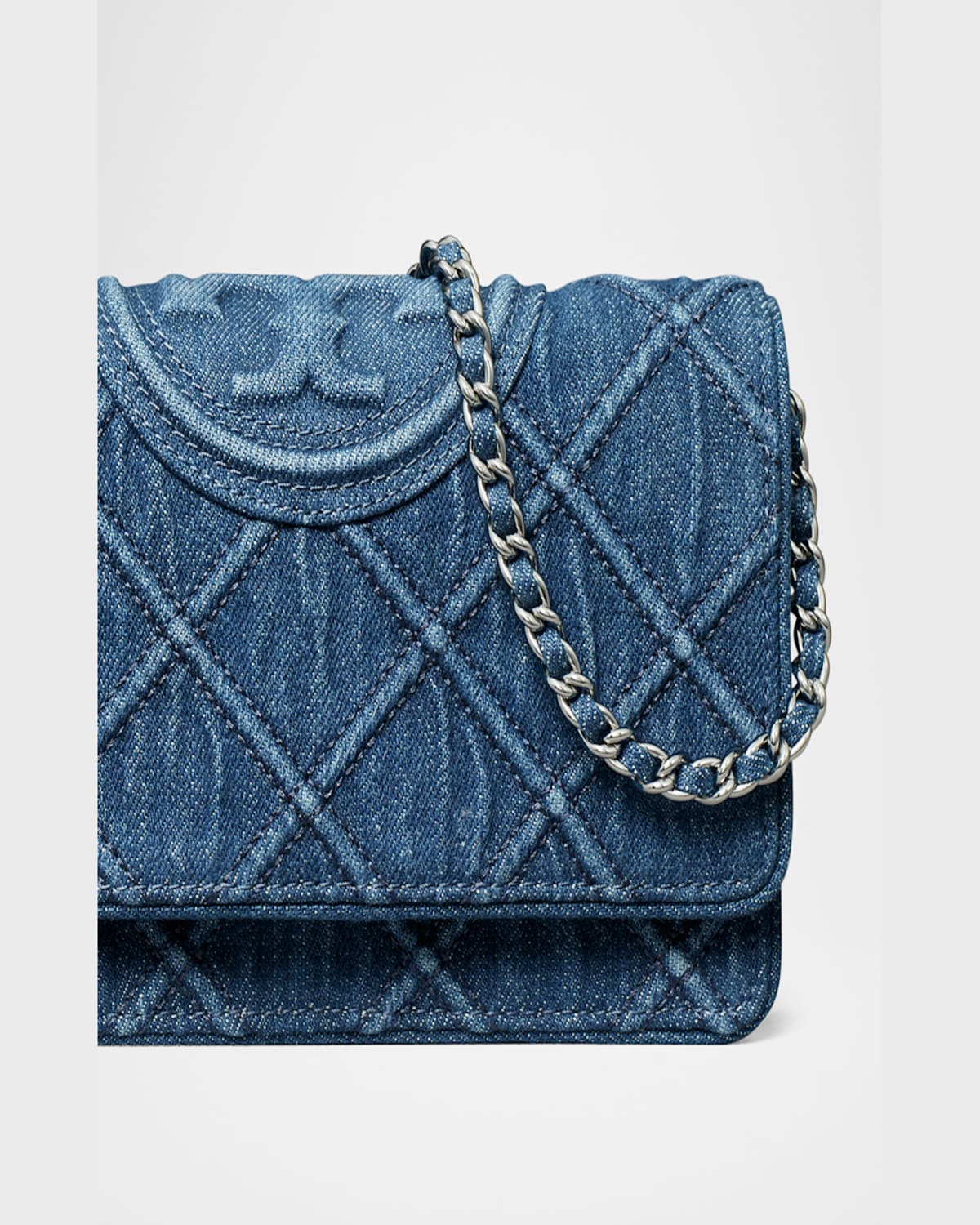 TORY BURCH FLEMING DENIM WALLET ON CHAIN 