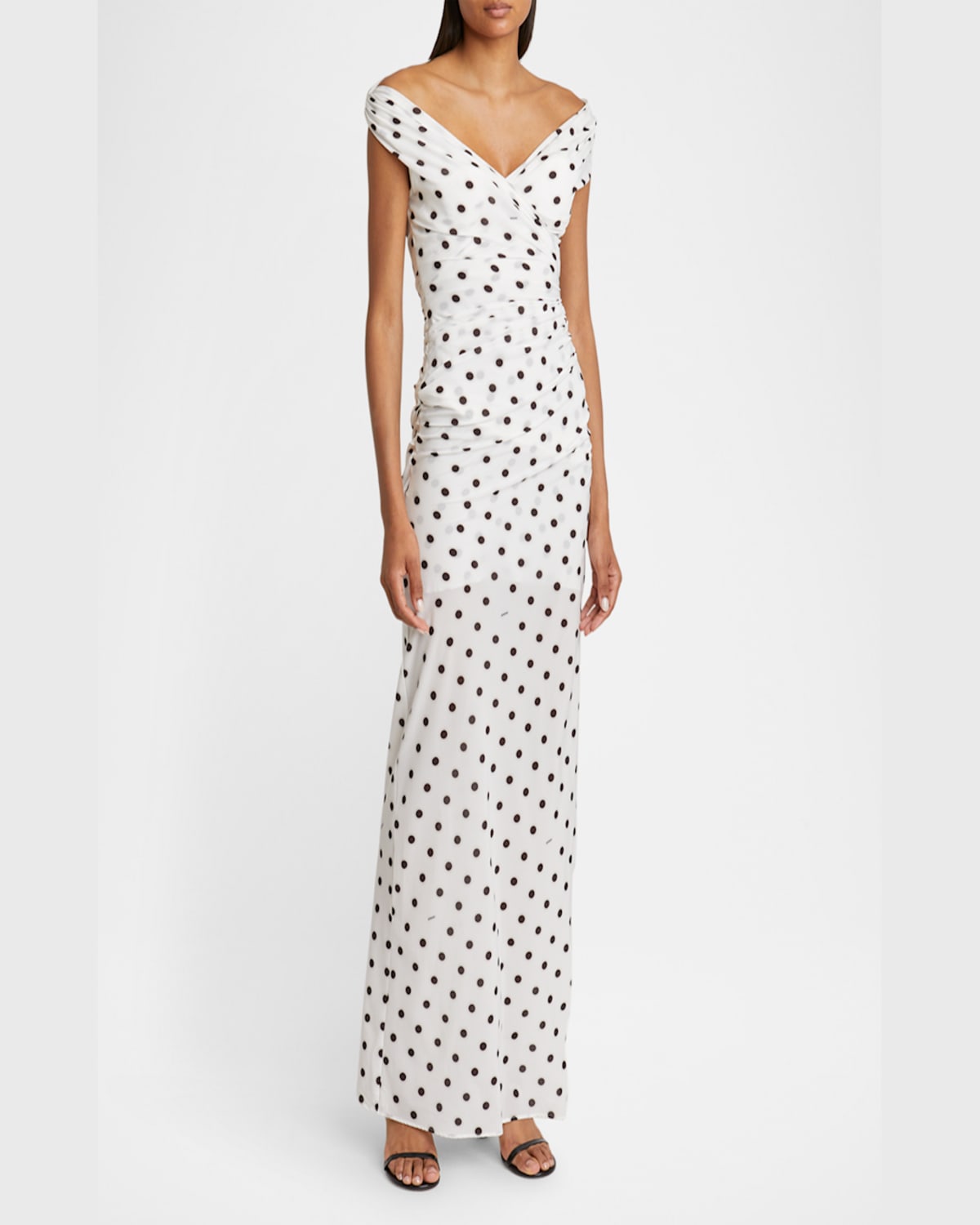 Jacquemus Rita Draped Gathered Polka-dot Crepe De Chine Maxi Dress In Print Dots Logo White  B