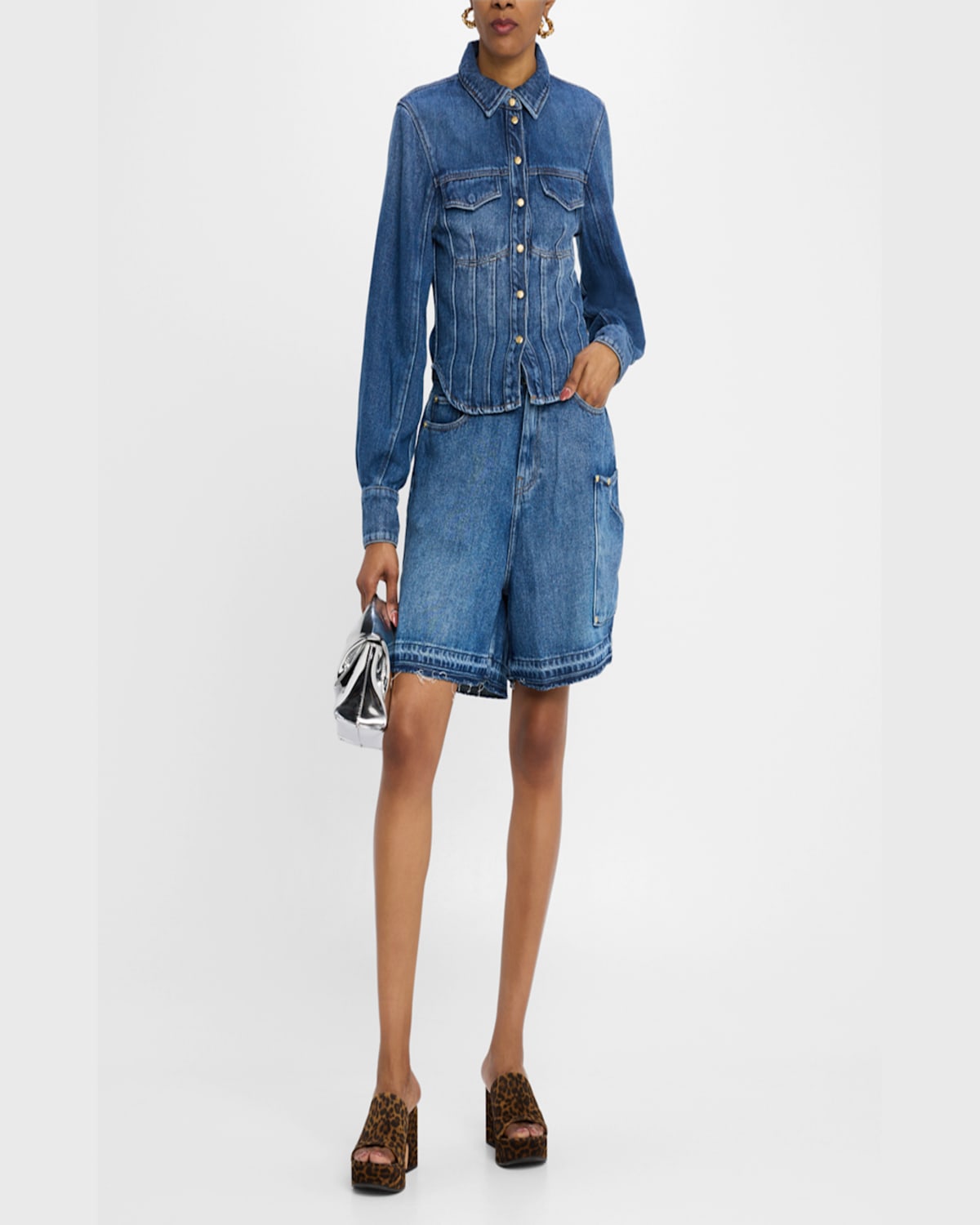 Ganni Blue Shorts With Belt Loops And One Front Patch Pocket In Denim Woman In Mid Blue Vintage