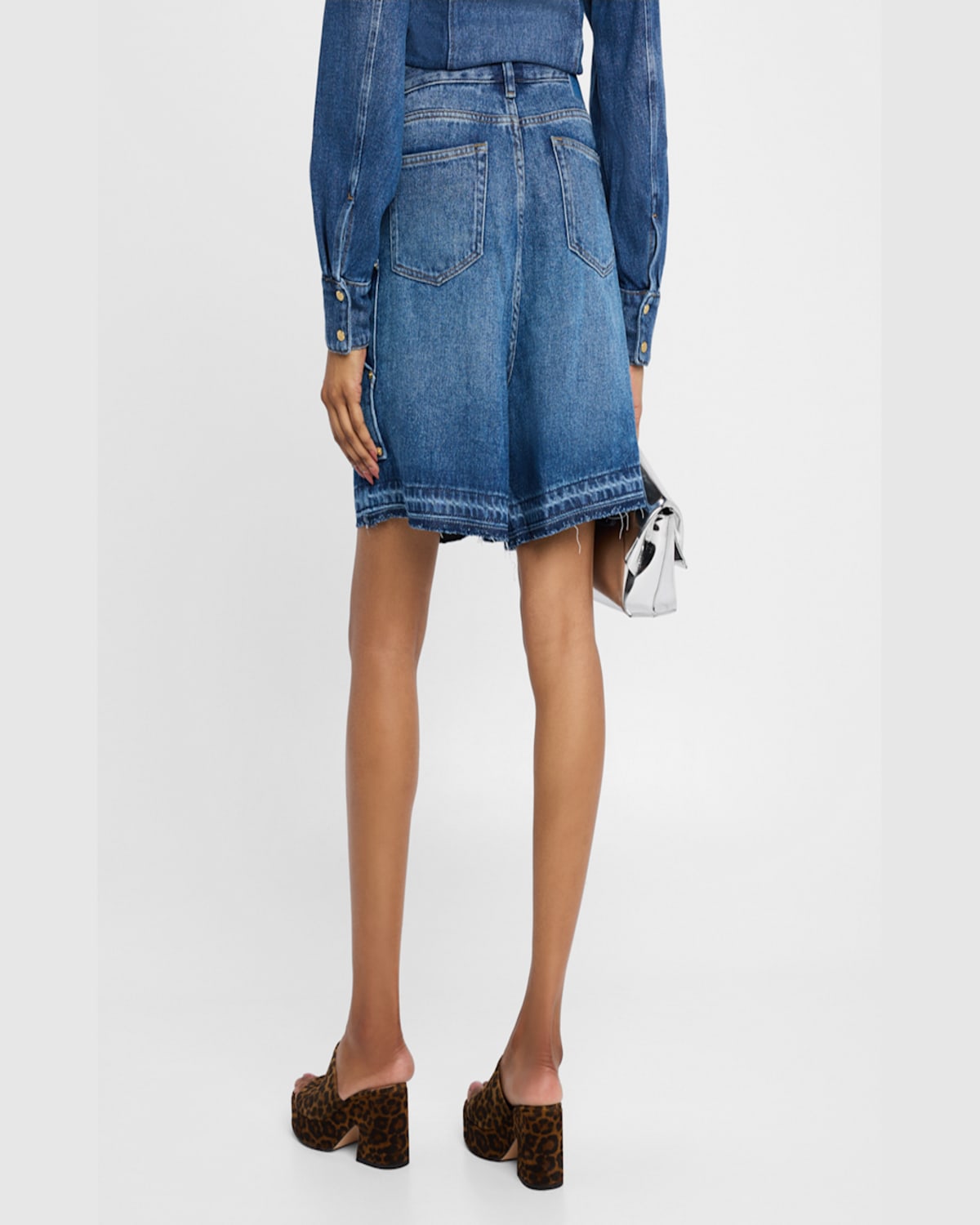 Ganni Blue Shorts With Belt Loops And One Front Patch Pocket In Denim Woman In Mid Blue Vintage