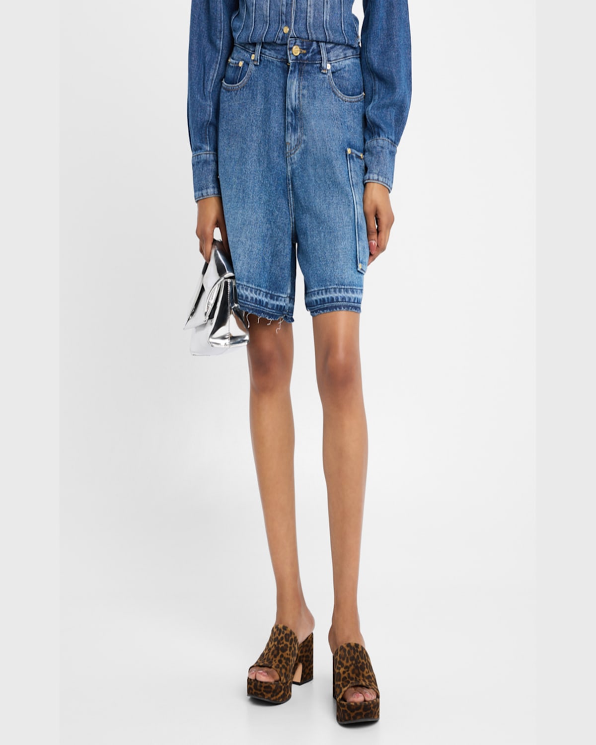 Ganni Blue Shorts With Belt Loops And One Front Patch Pocket In Denim Woman In Mid Blue Vintage
