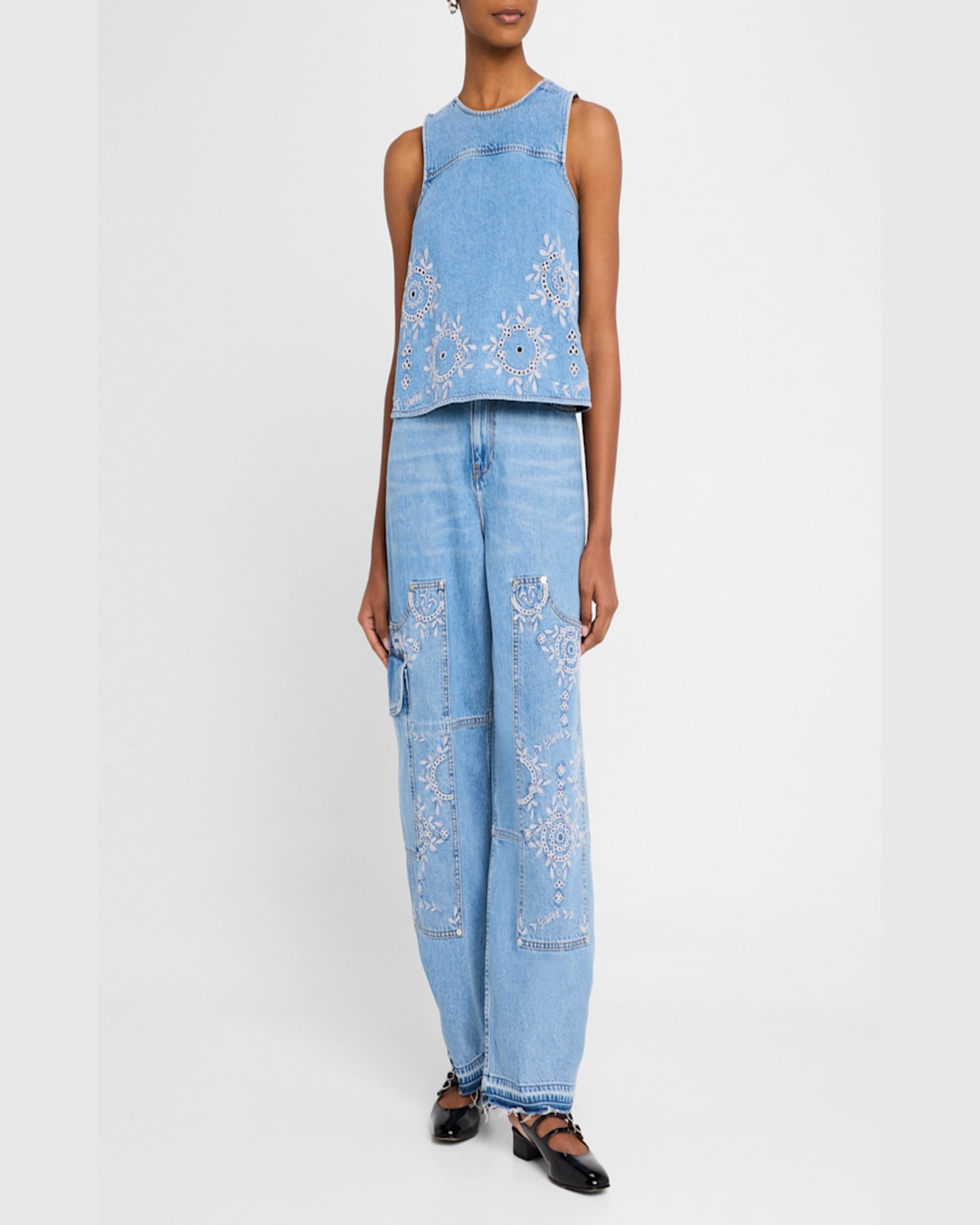 Ganni Broderie Anglaise Denim Top In Light Blue Stone