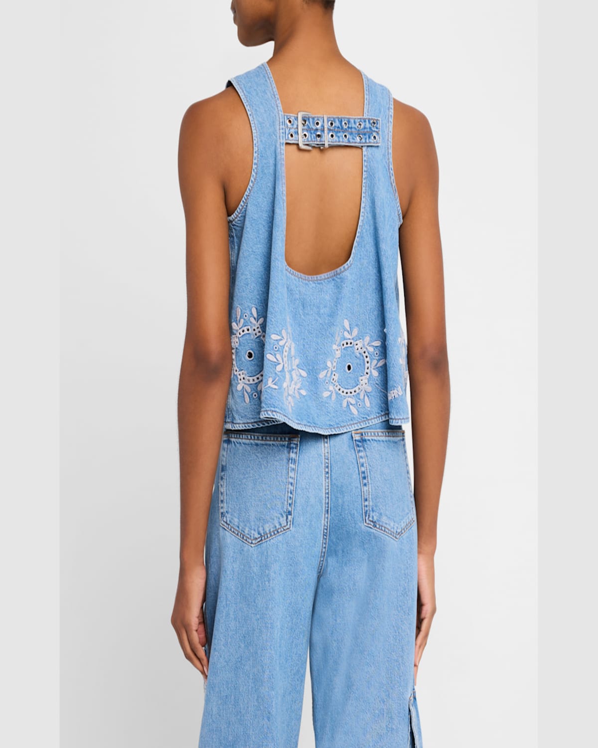 Ganni Broderie Anglaise Denim Top In Light Blue Stone