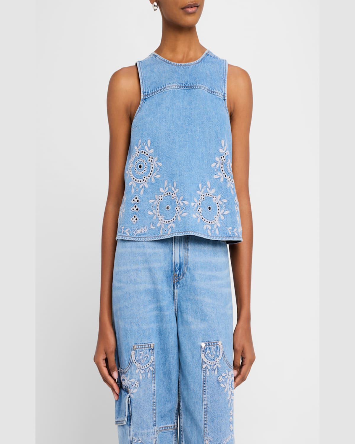 Ganni Broderie Anglaise Denim Top In Light Blue Stone