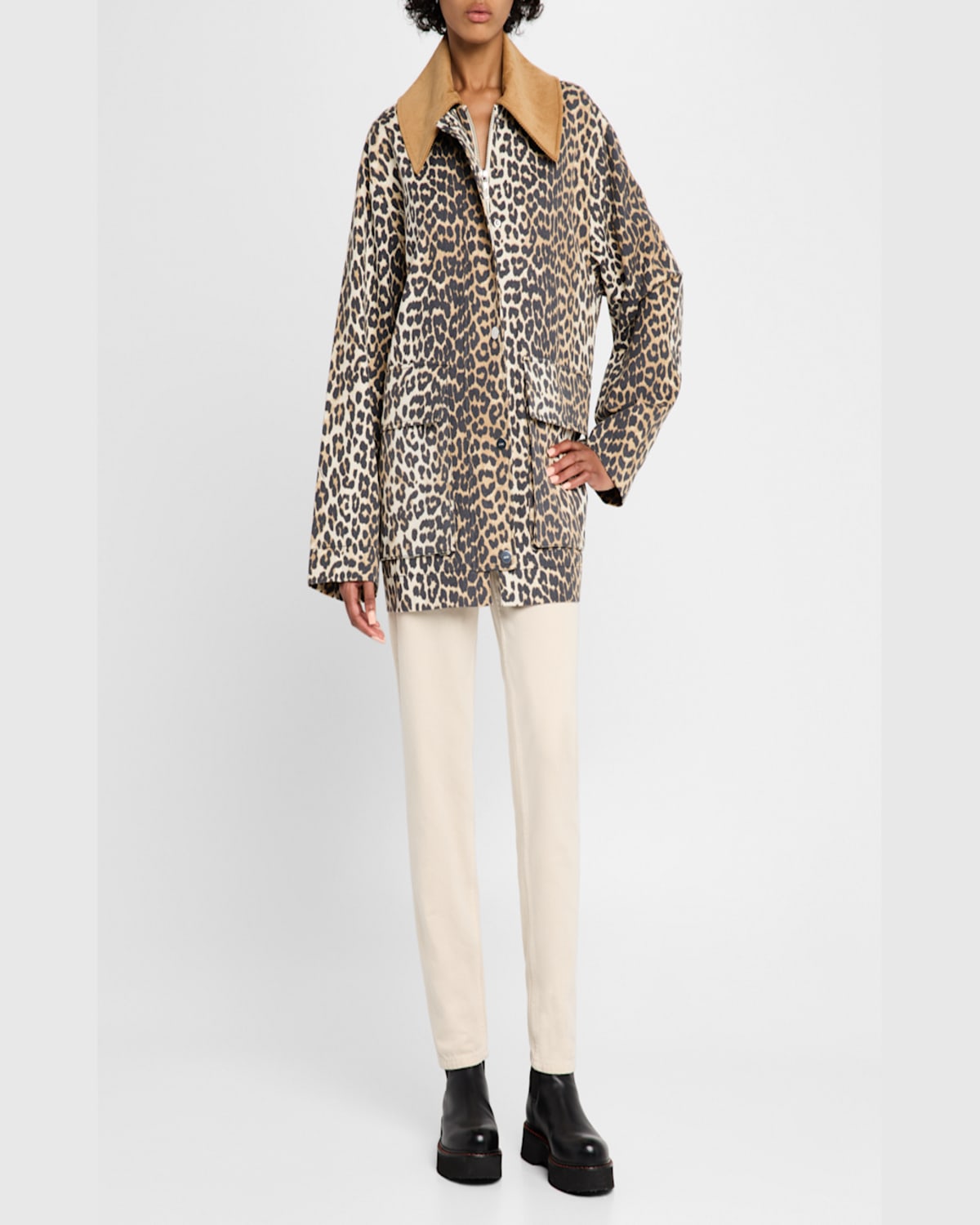 Ganni Long Sleeve Animal Print Jacket With Wide Collar In Almond Milk