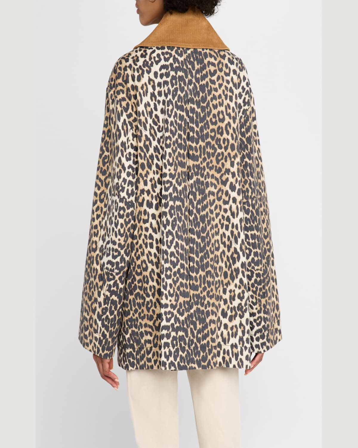 Ganni Long Sleeve Animal Print Jacket With Wide Collar In Almond Milk