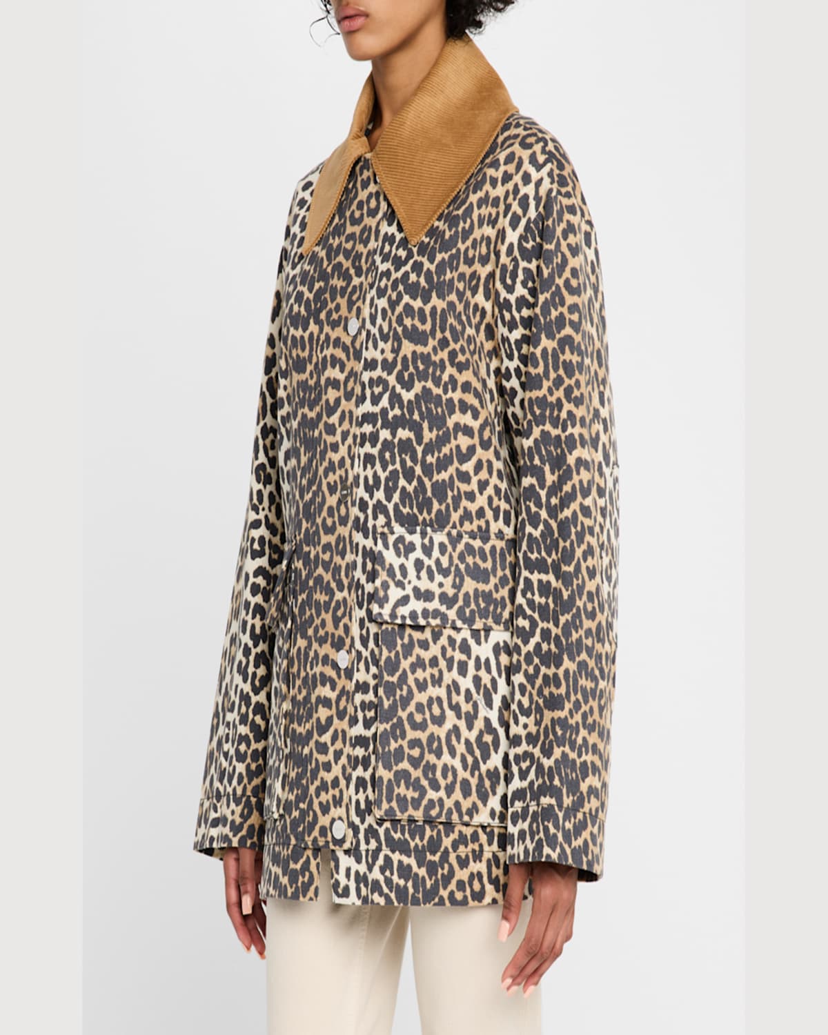 Ganni Long Sleeve Animal Print Jacket With Wide Collar In Almond Milk