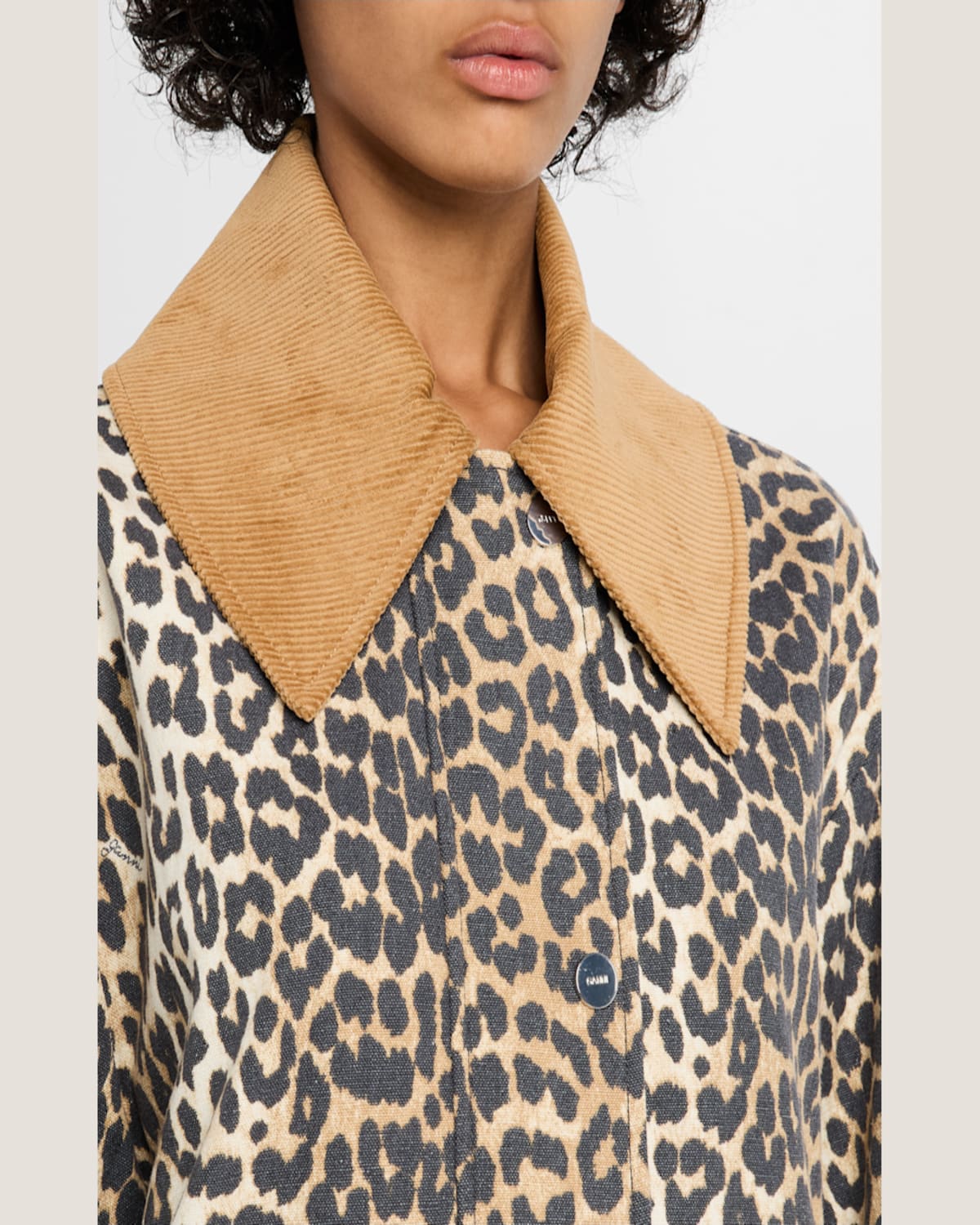 Ganni Long Sleeve Animal Print Jacket With Wide Collar In Almond Milk