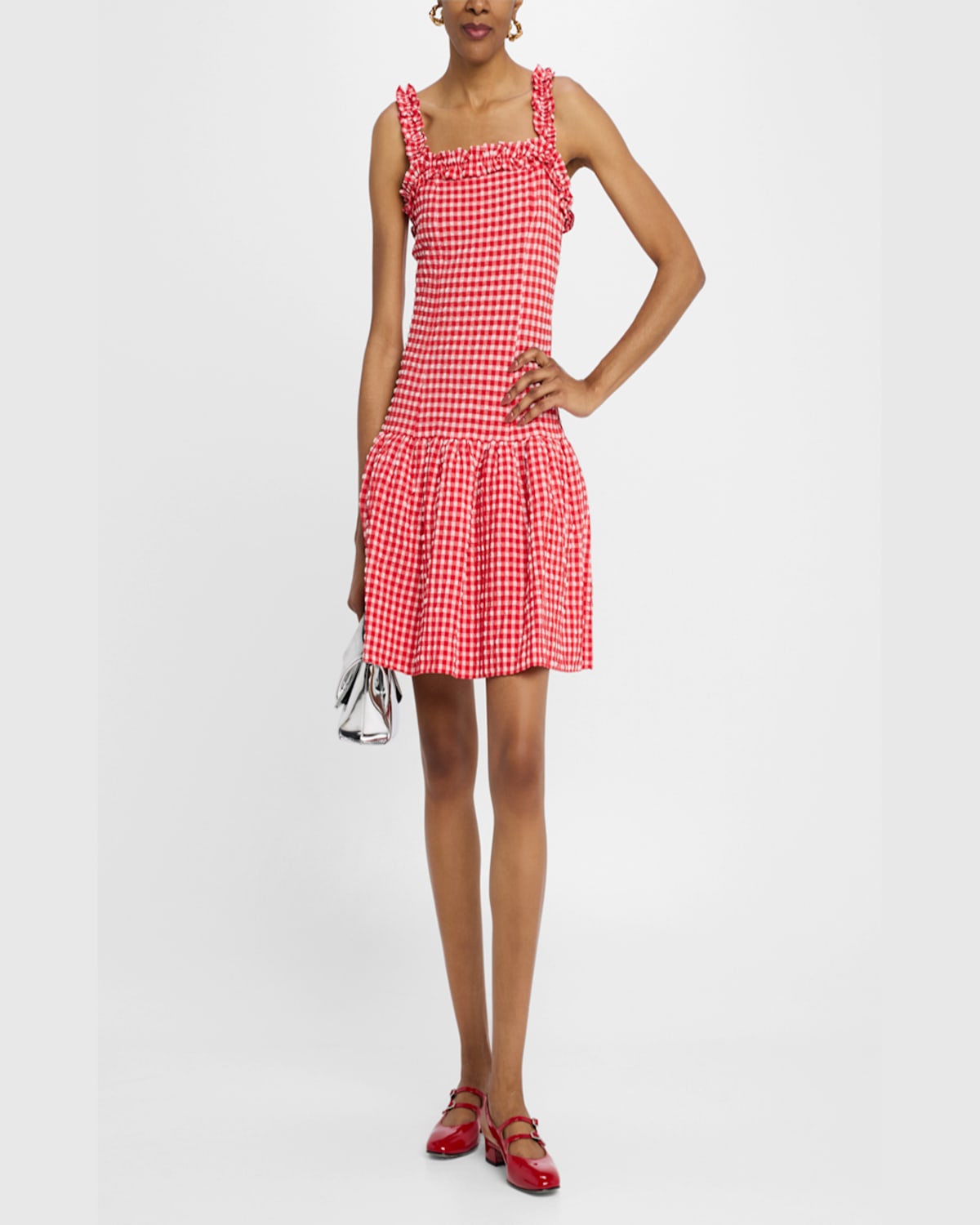 Ganni Ruffle-trimmed Gingham Mini Dress In Racing Red