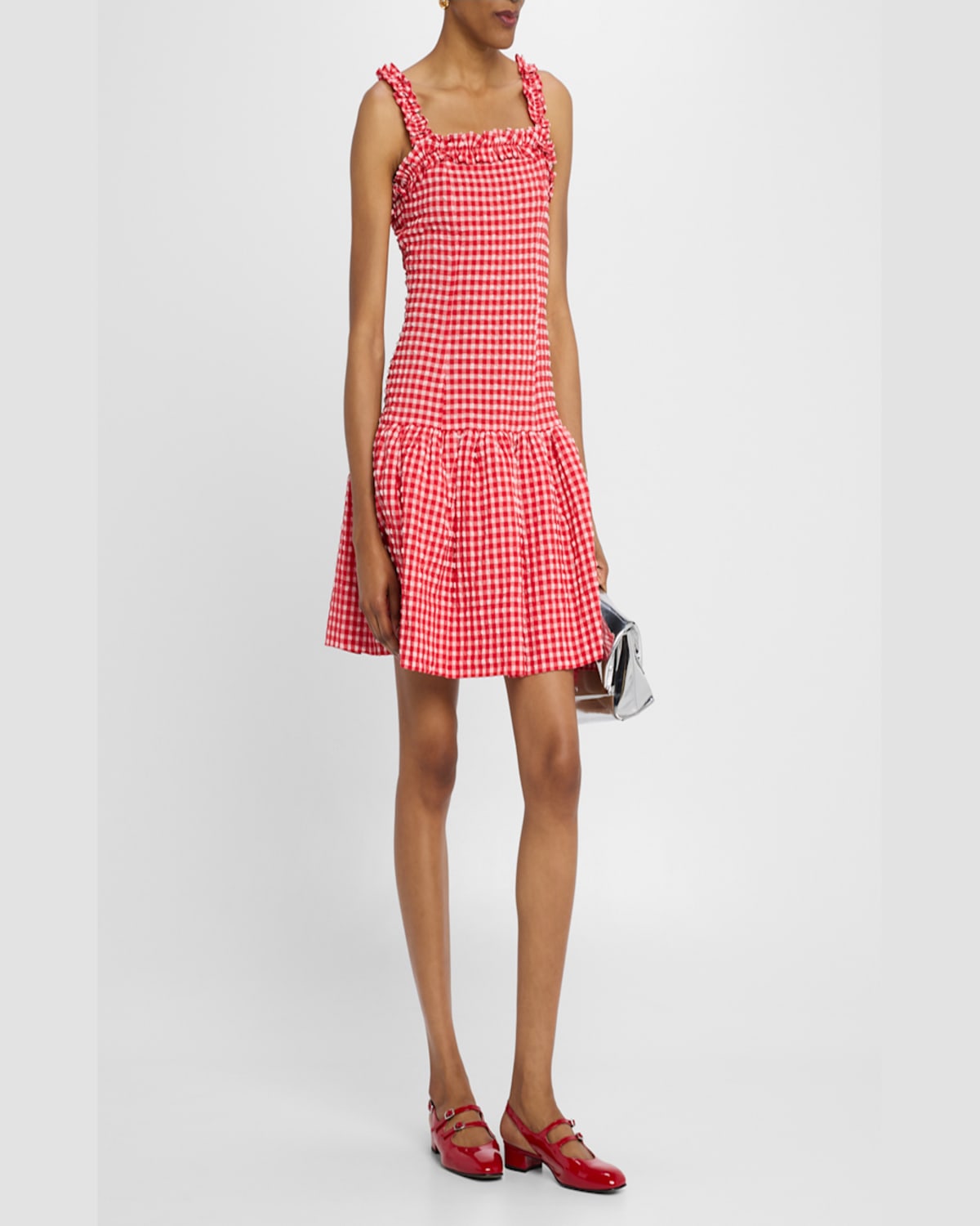 Ganni Ruffle-trimmed Gingham Mini Dress In Racing Red