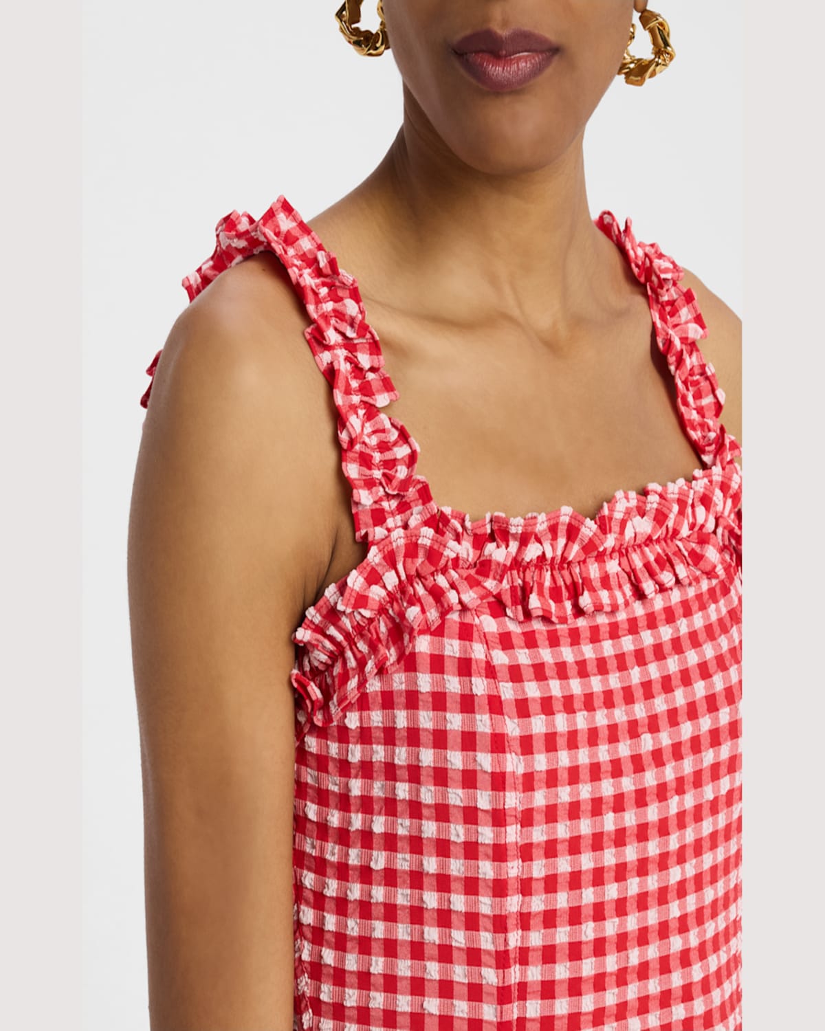 Ganni Ruffle-trimmed Gingham Mini Dress In Racing Red