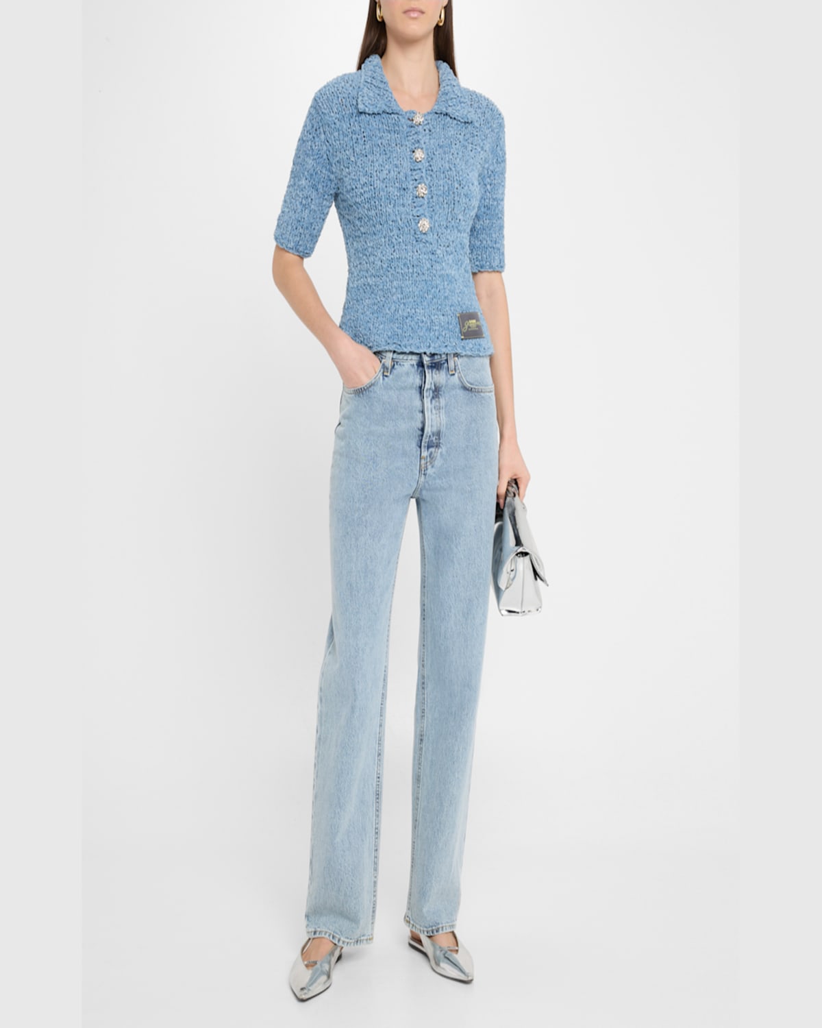 GANNI HAND-KNIT DENIM POLO TOP 