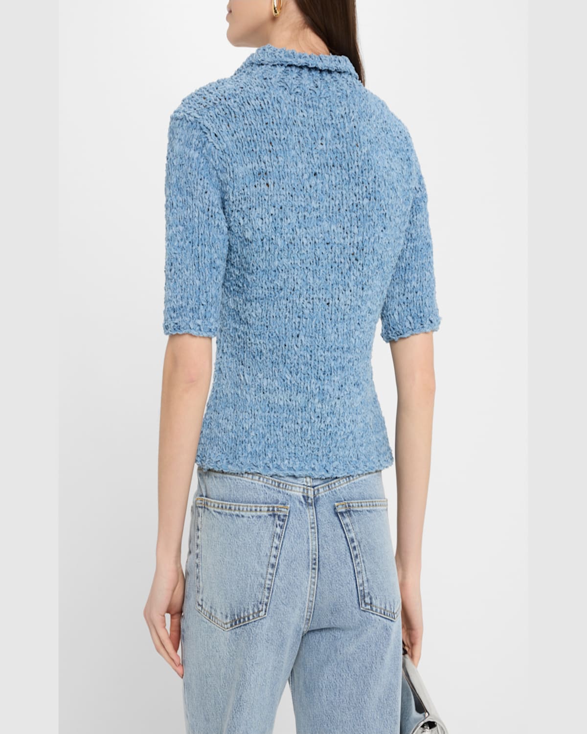 Shop Ganni Hand-knit Denim Polo Top In Light Indigo