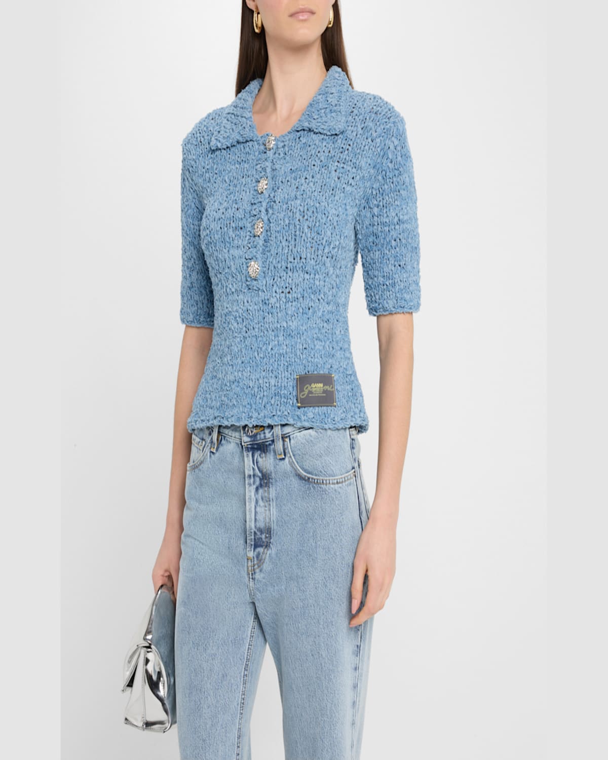 Shop Ganni Hand-knit Denim Polo Top In Light Indigo