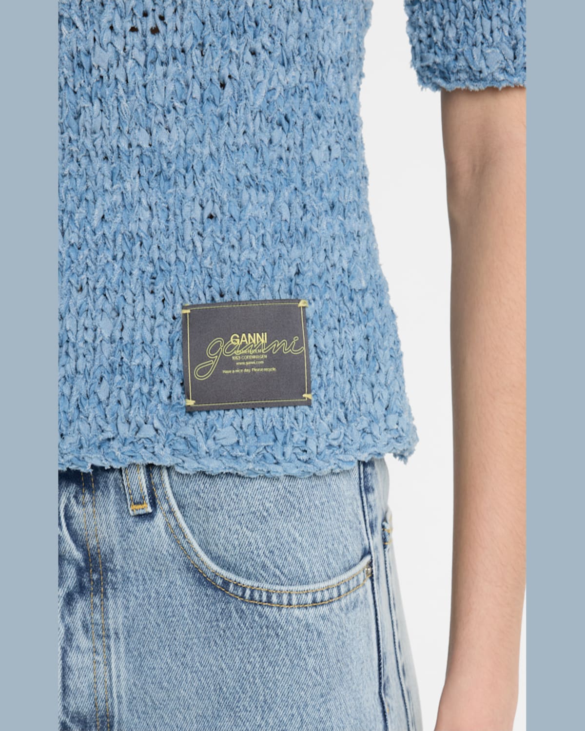 Shop Ganni Hand-knit Denim Polo Top In Light Indigo
