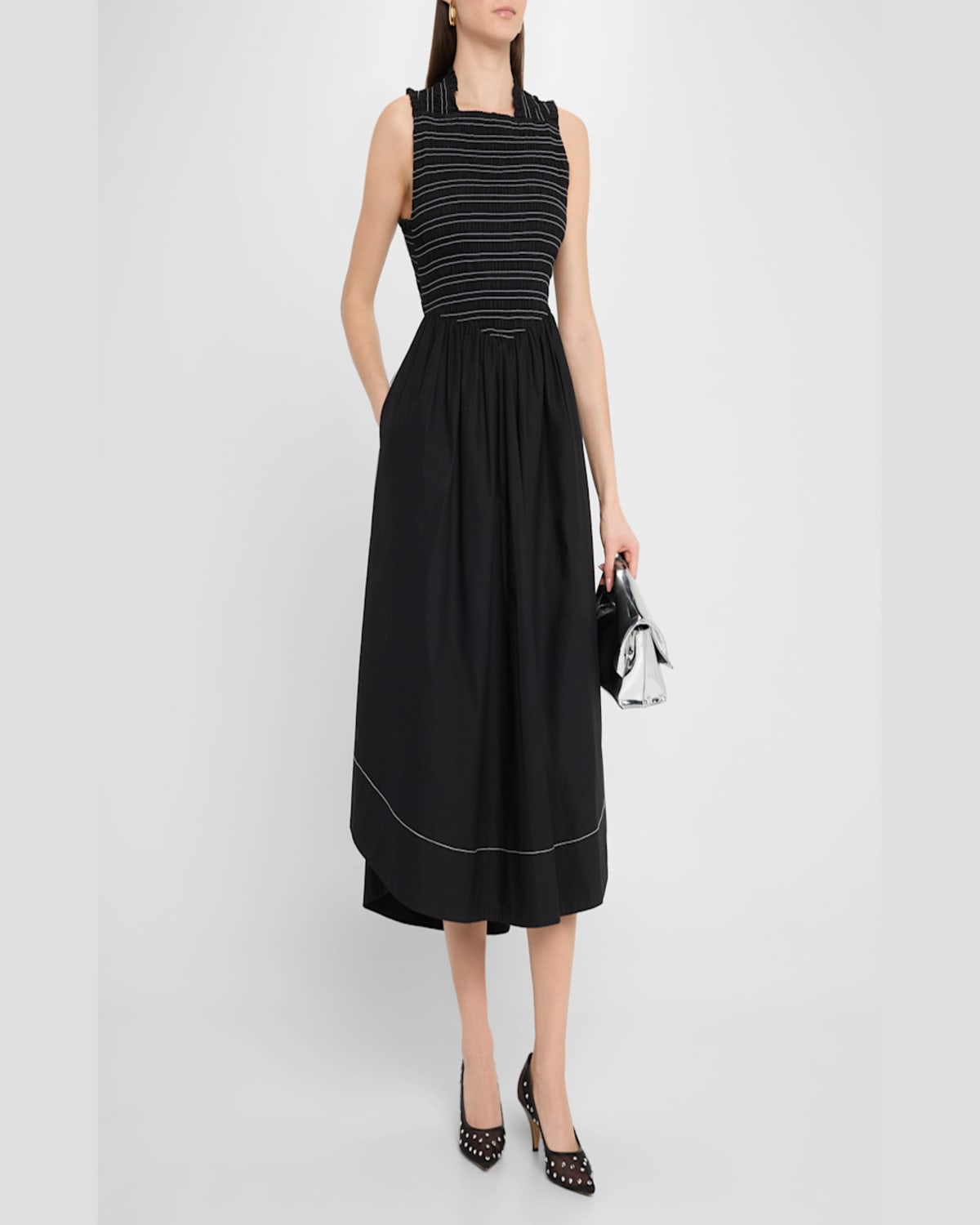 Ganni Smocked Stretch Cotton Sleeveless Midi Dress In Black
