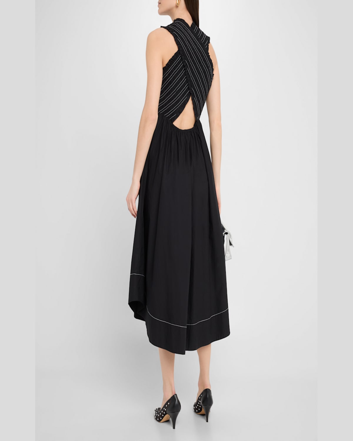 Ganni Smocked Stretch Cotton Sleeveless Midi Dress In Black