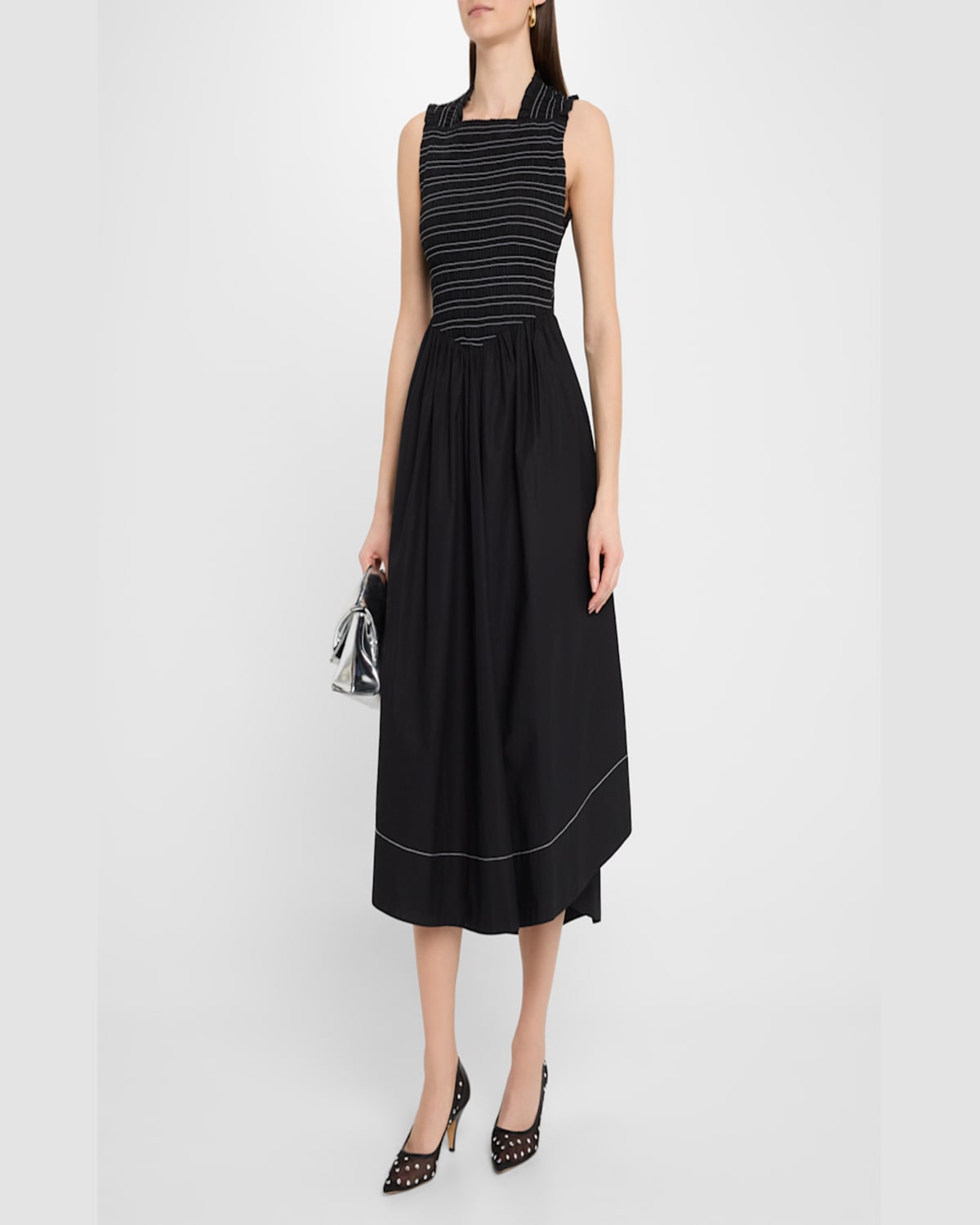 Ganni Smocked Stretch Cotton Sleeveless Midi Dress In Black