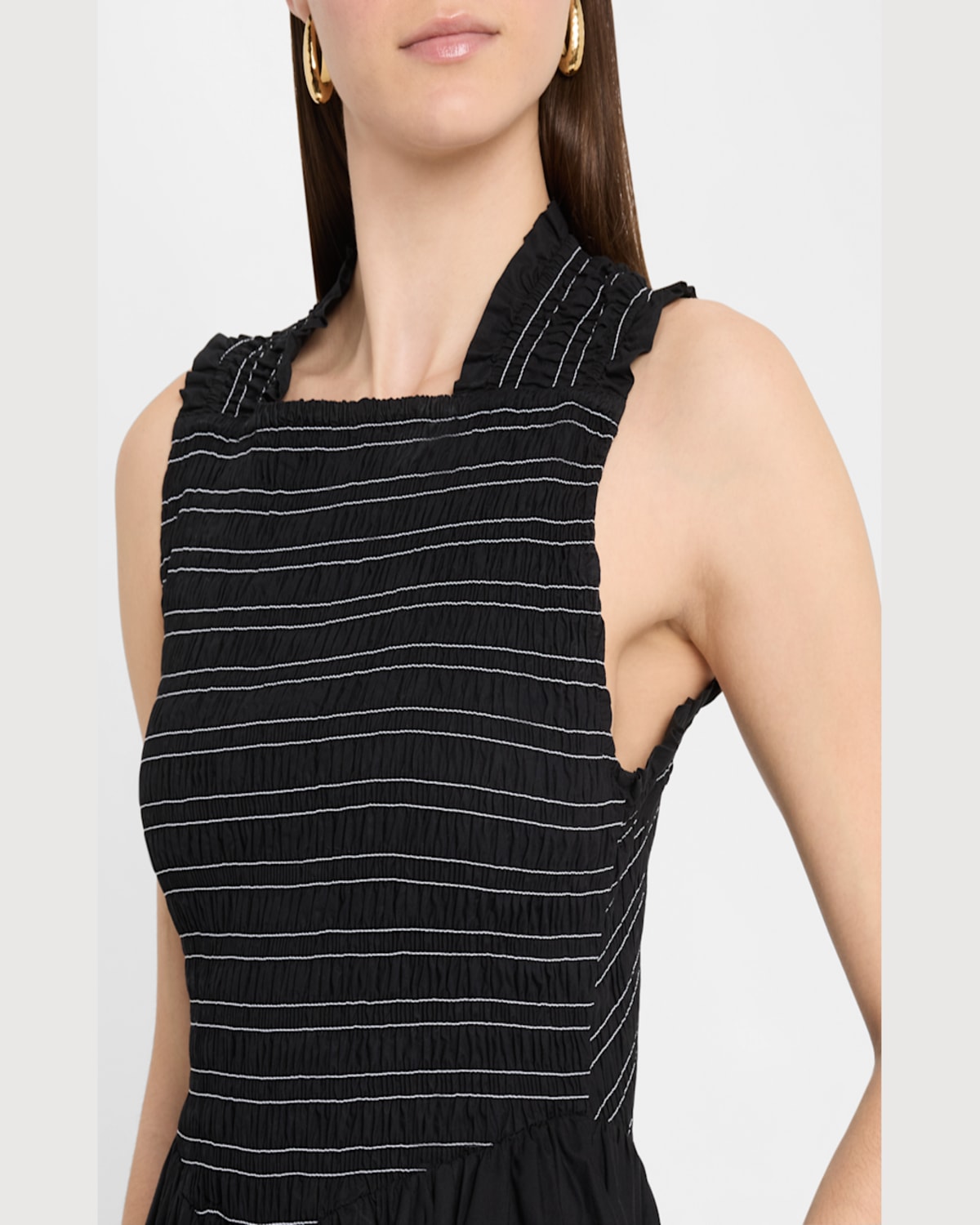 Ganni Smocked Stretch Cotton Sleeveless Midi Dress In Black