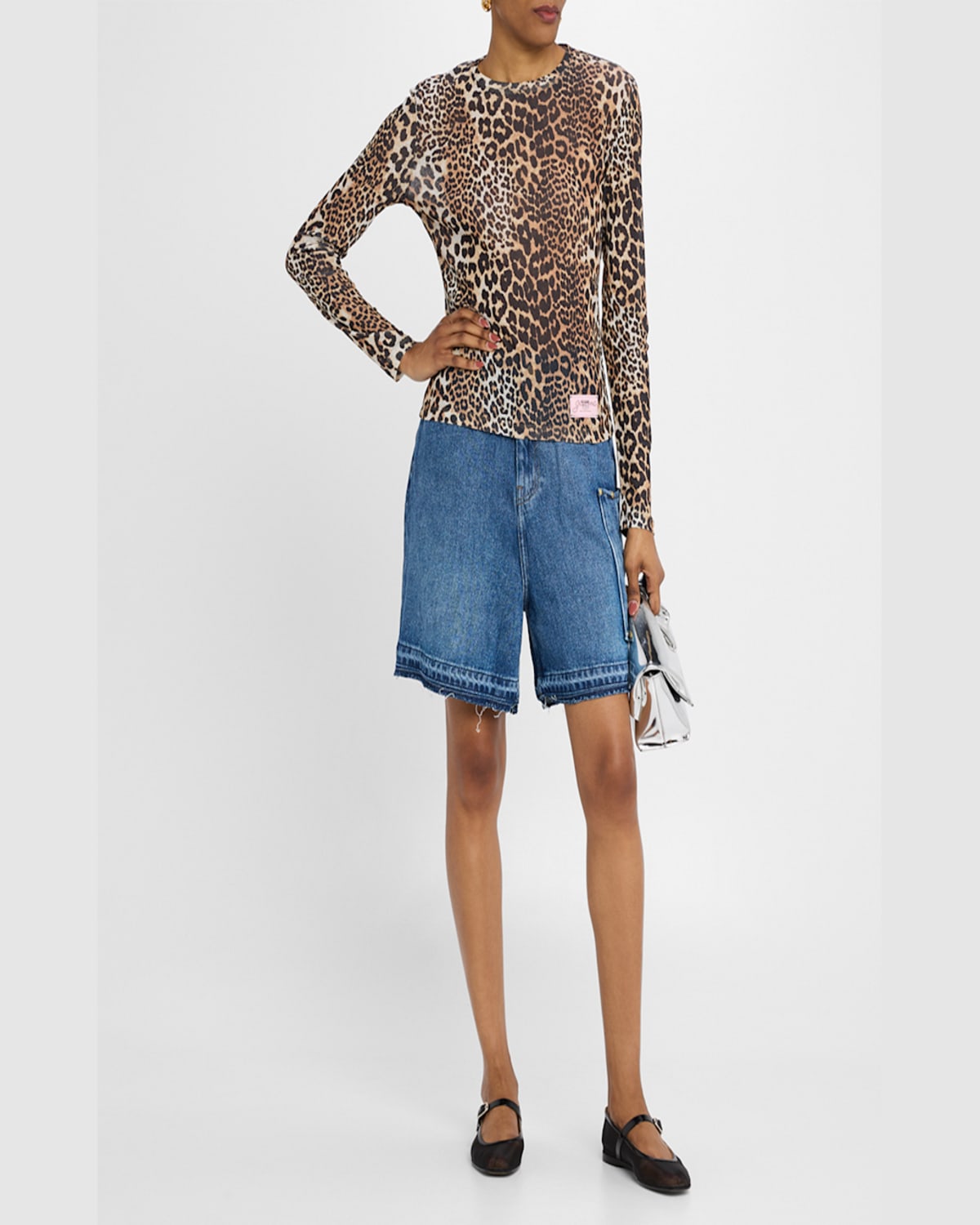 Ganni Leopard Pattern Printed Mesh Long Top In Leopard