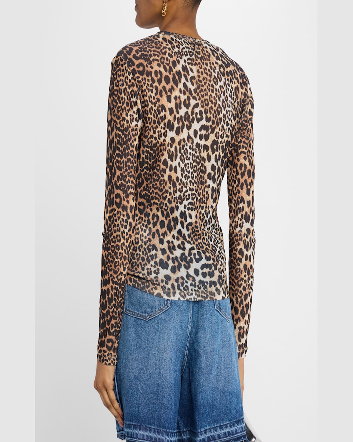 Ganni Leopard Pattern Printed Mesh Long Top In Leopard