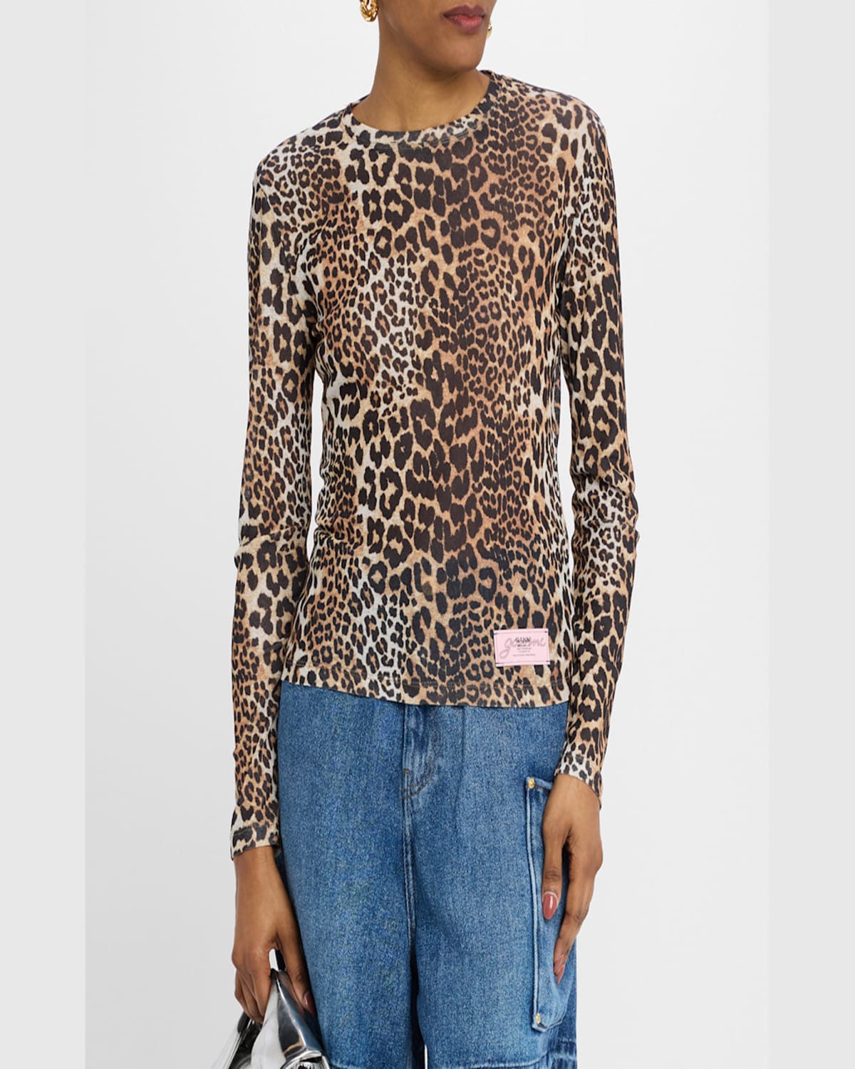 Ganni Leopard Pattern Printed Mesh Long Top In Leopard