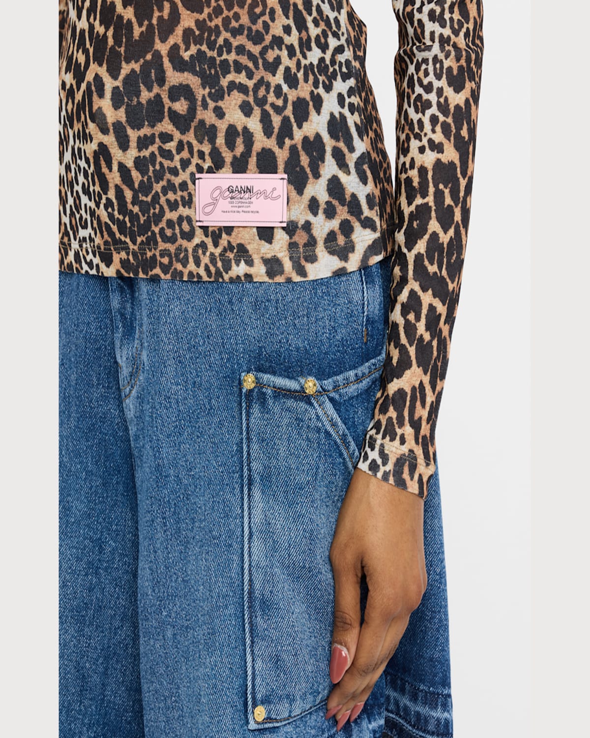 Ganni Leopard Pattern Printed Mesh Long Top In Leopard