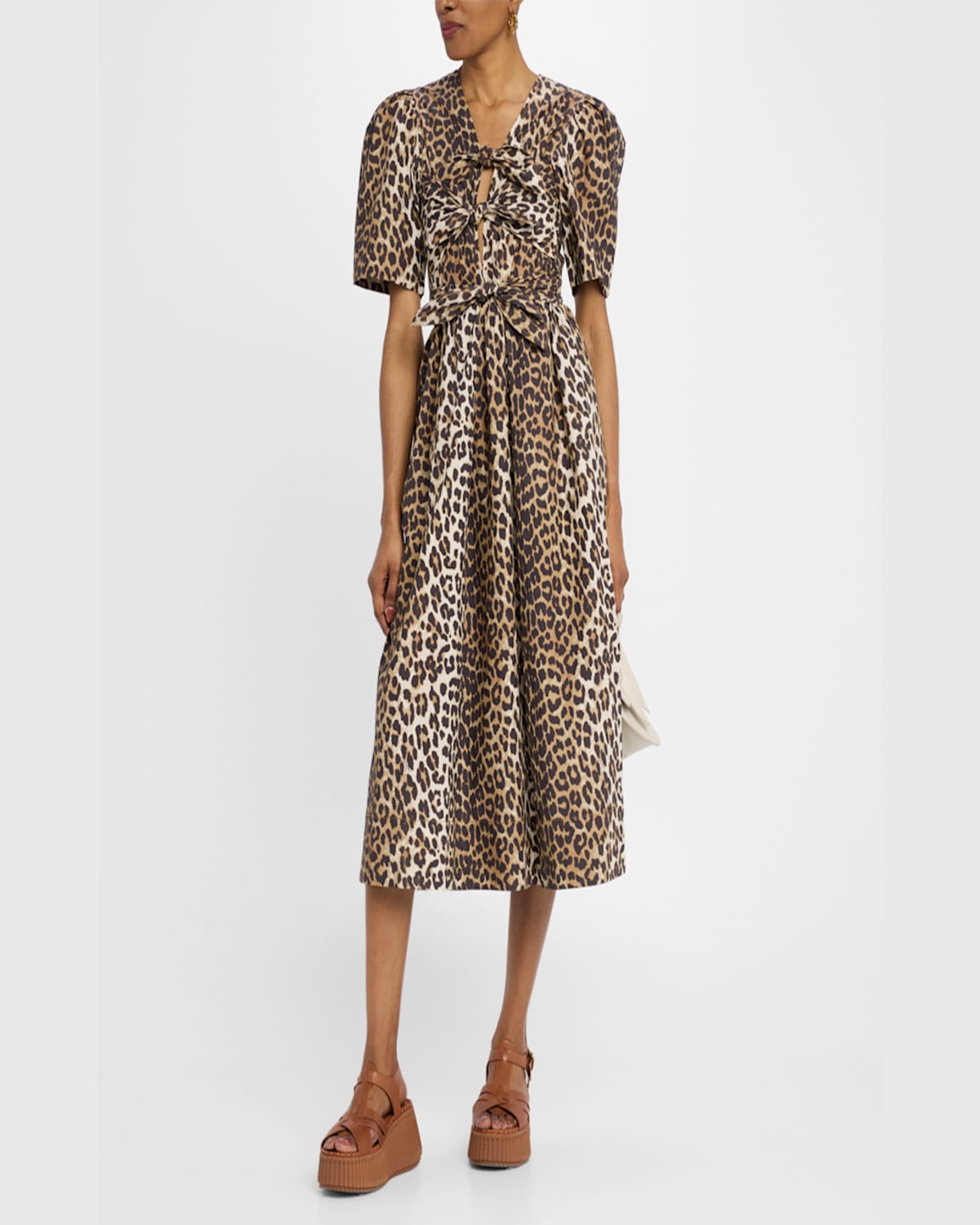 Ganni Belted Bow-embellished Leopard-print Cotton-poplin Midi Dress In Leopard
