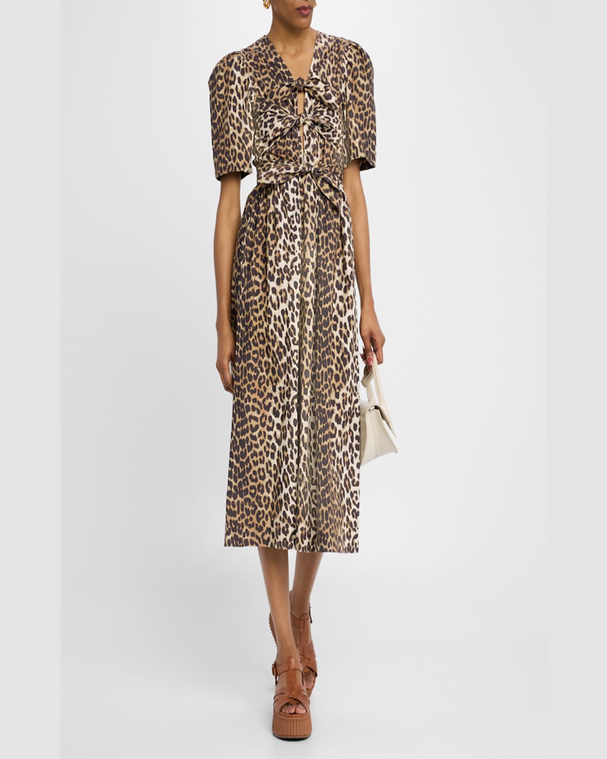 Ganni Belted Bow-embellished Leopard-print Cotton-poplin Midi Dress In Leopard
