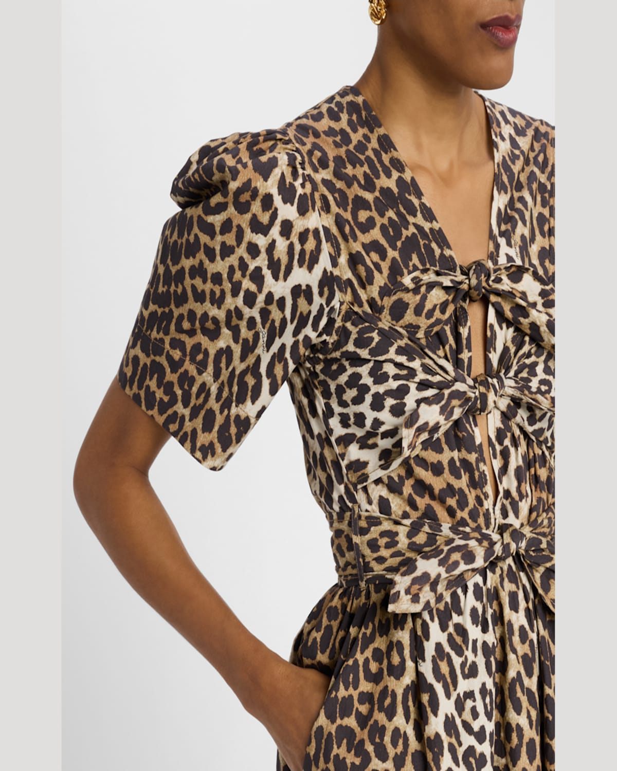 Ganni Belted Bow-embellished Leopard-print Cotton-poplin Midi Dress In Leopard