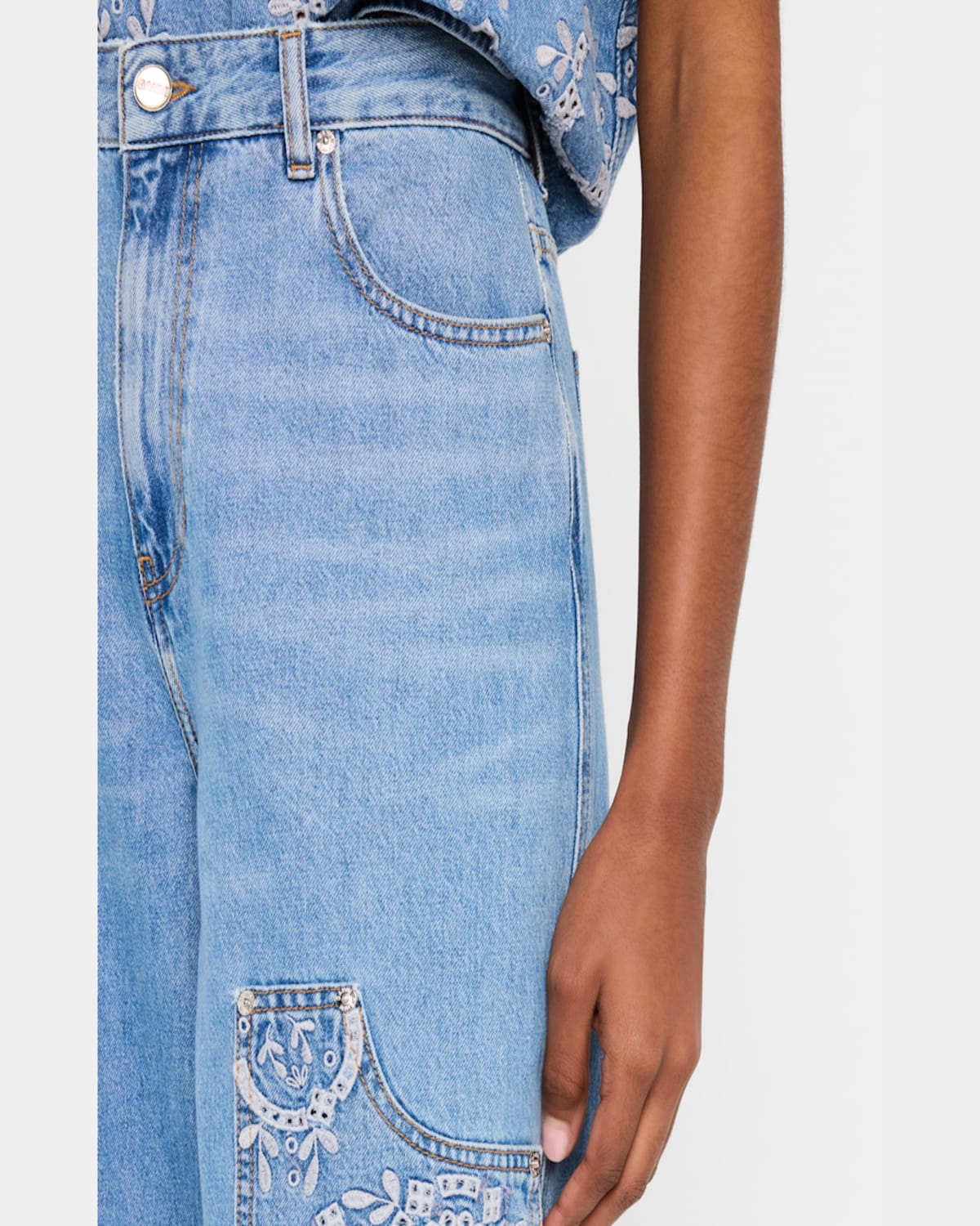 Ganni Broderie Anglaise Carpenter Jeans In Light Blue Stone