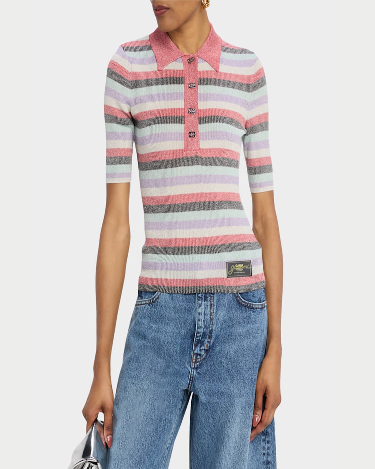 Ganni Womens Multicolour Sparkle-rib Short-sleeve Knitted Polo Shirt In Multicolour