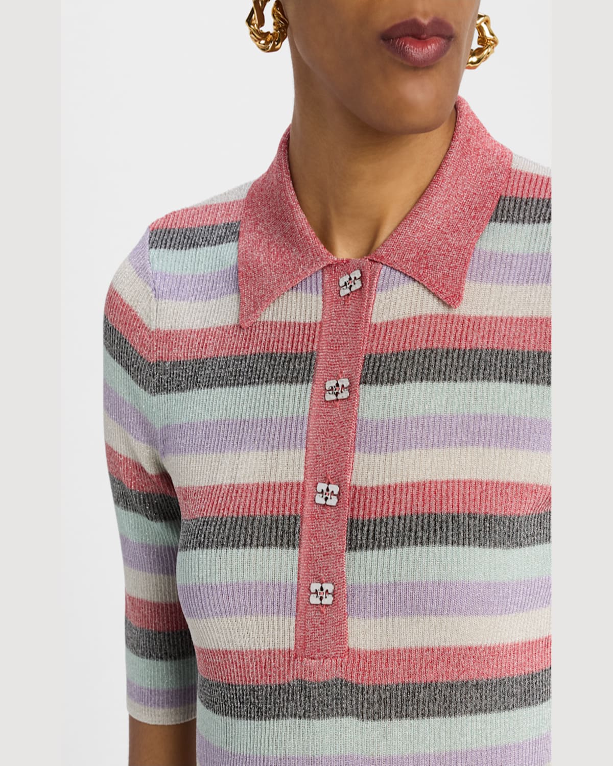 Ganni Womens Multicolour Sparkle-rib Short-sleeve Knitted Polo Shirt In Multicolour