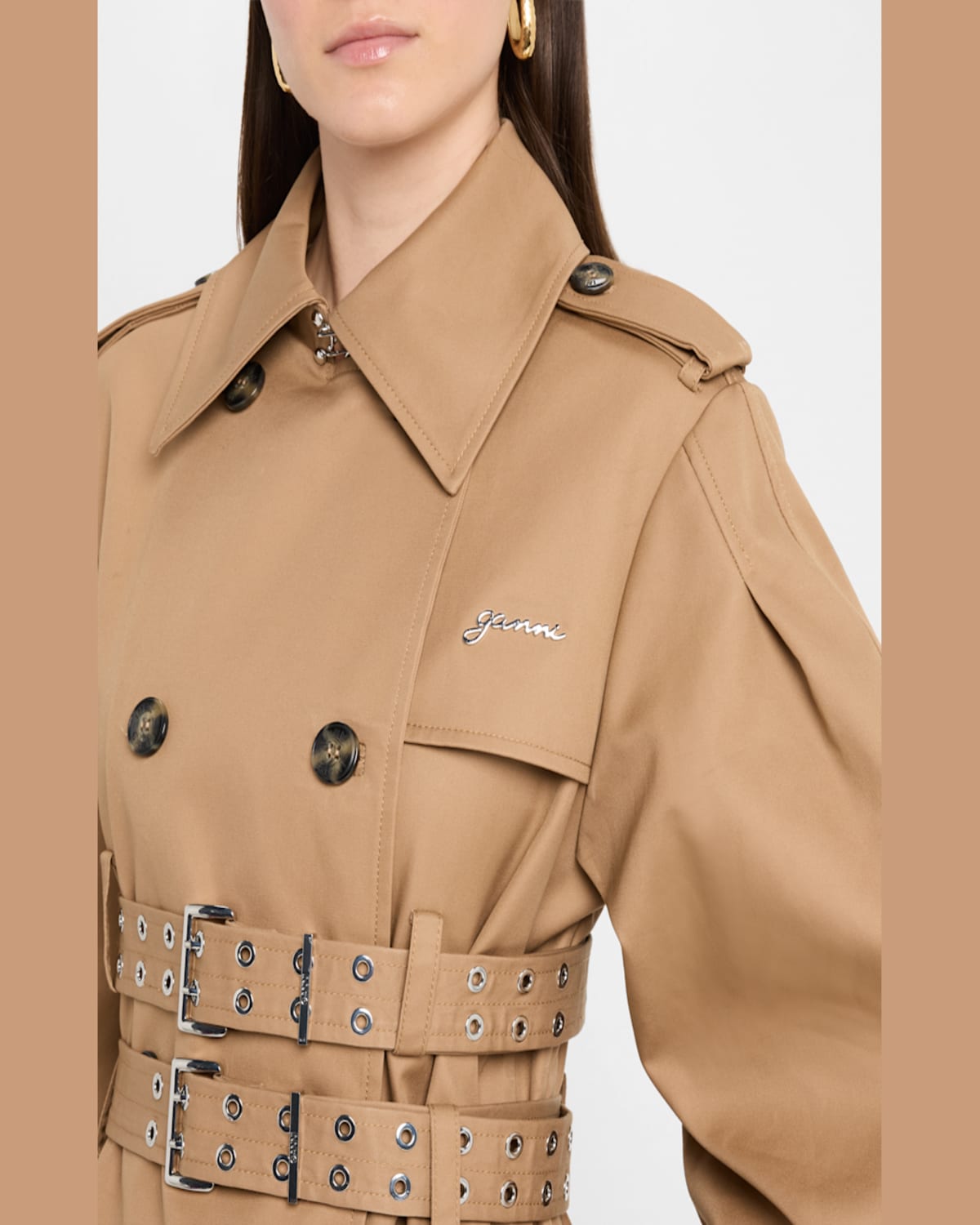Ganni Womens Tigers Eye Logo-embellished Bonded Cotton Trench Coat In Tigers Eye