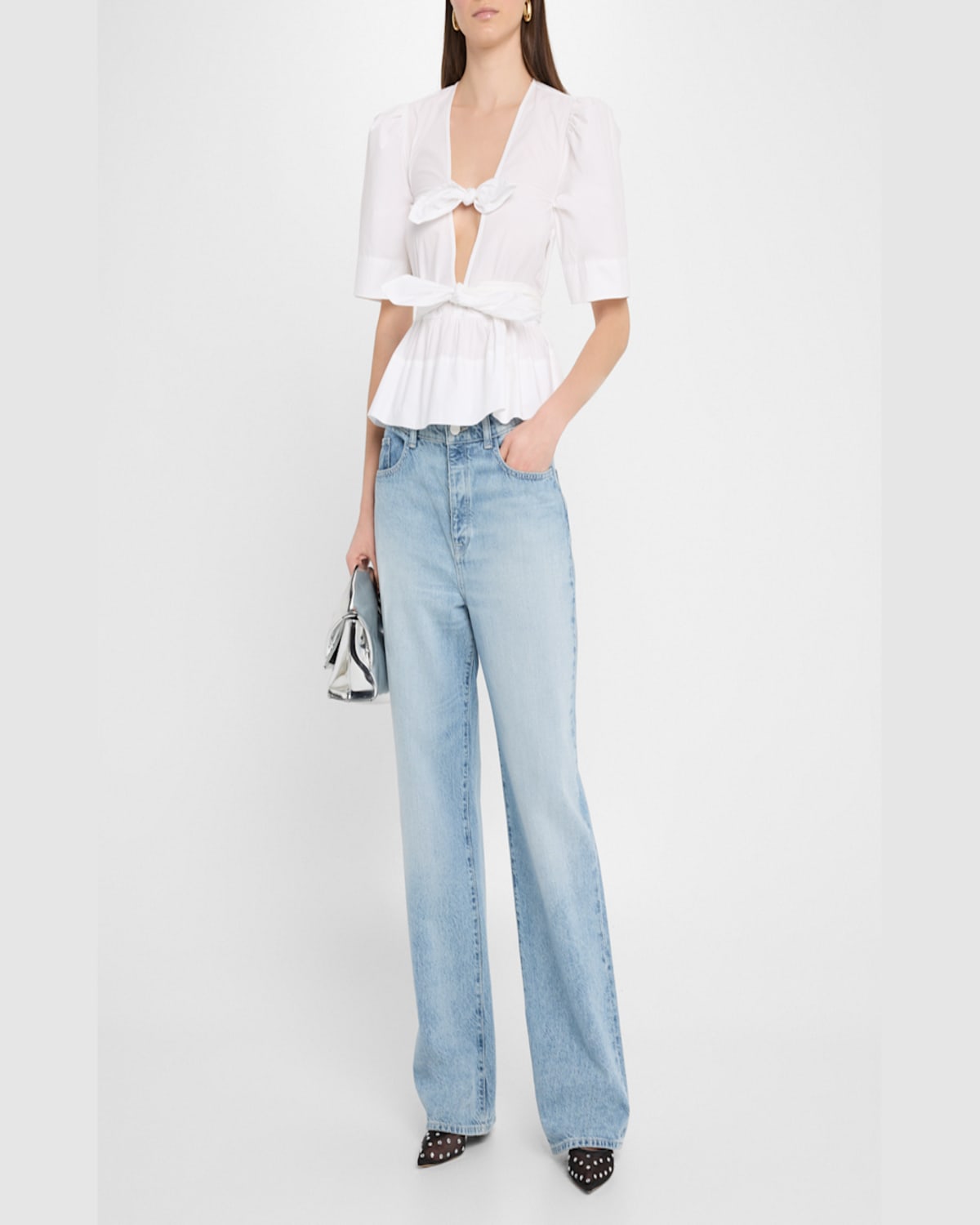 Shop Ganni Stretch Cotton Tie-front Blouse In Bright White
