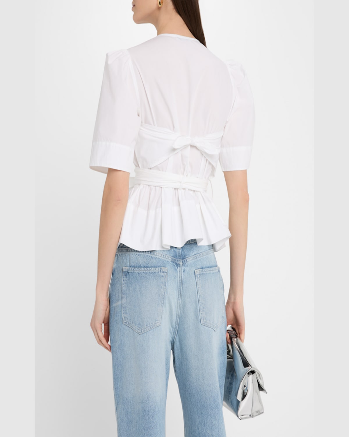 GANNI STRETCH COTTON TIE-FRONT BLOUSE 
