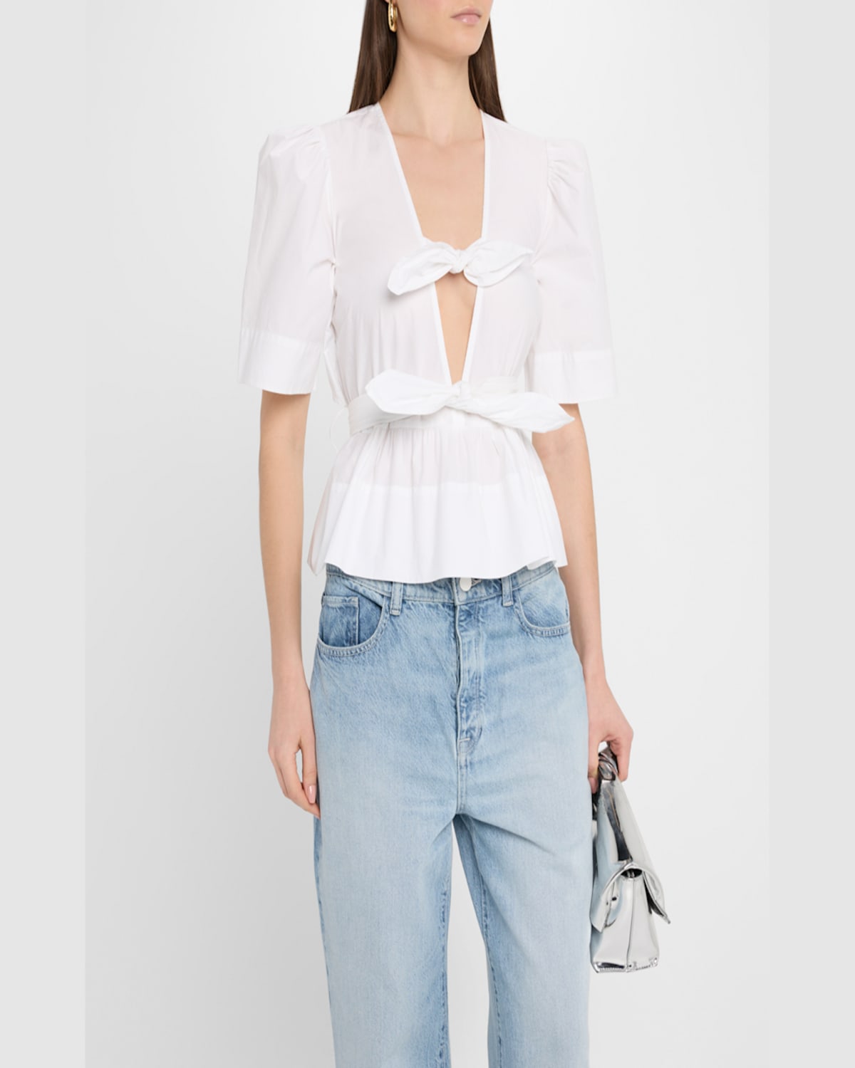GANNI STRETCH COTTON TIE-FRONT BLOUSE 