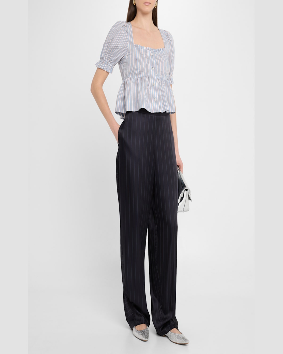 Ganni Yarn Dyed Stripe Blouse Shirts Light Blue