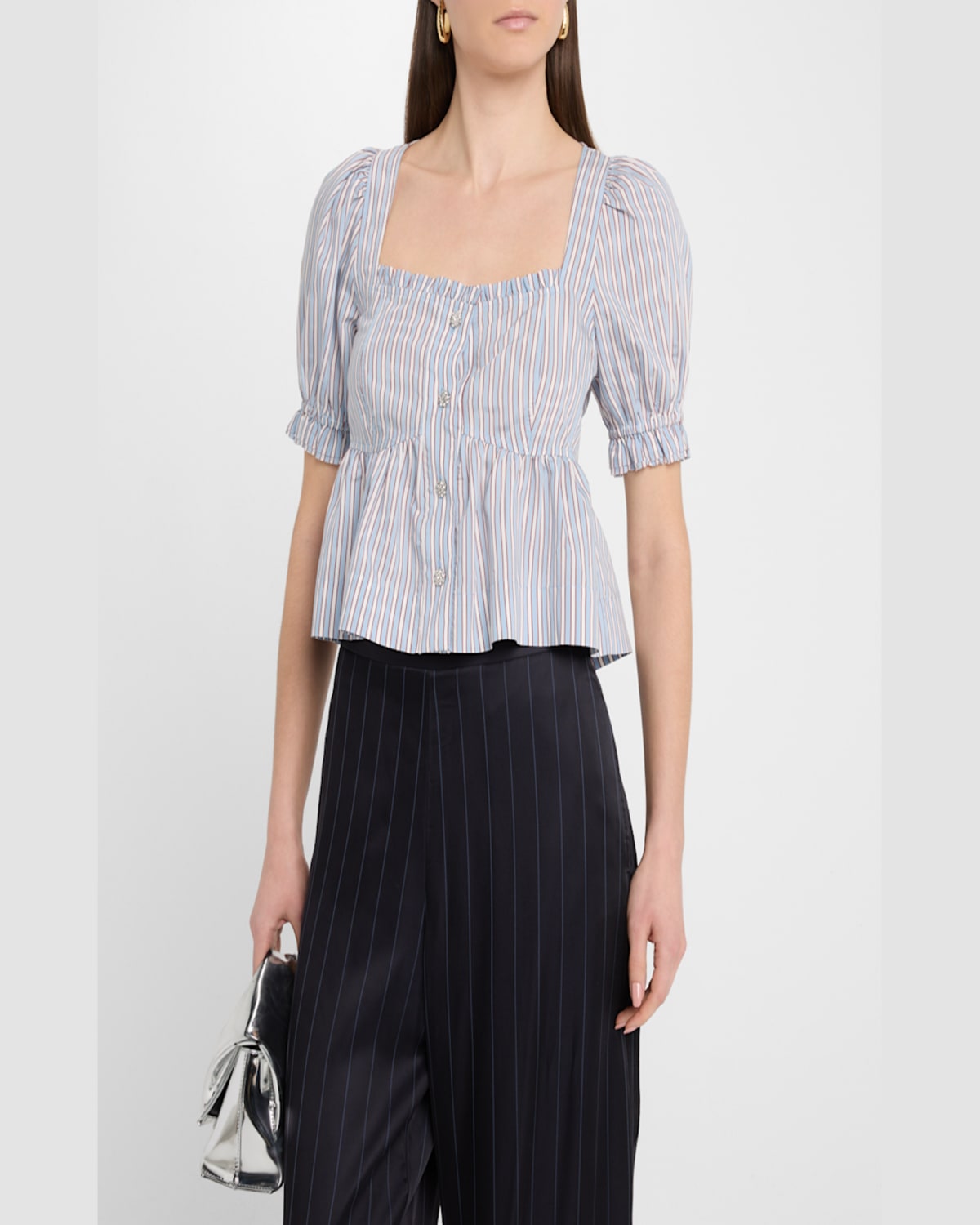 Ganni Yarn Dyed Stripe Blouse Shirts Light Blue