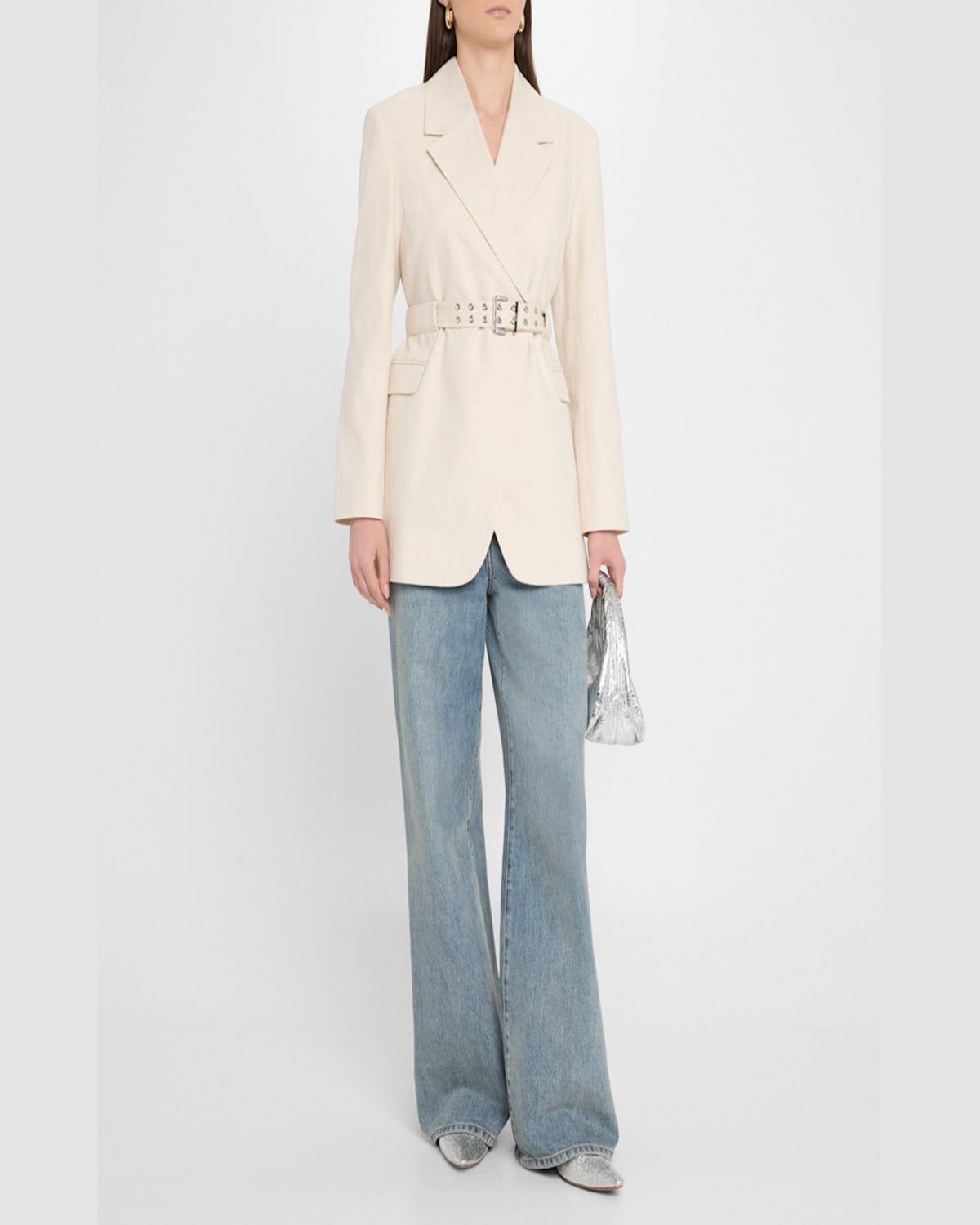 Ganni Belted Cotton Melange Blazer In Angora