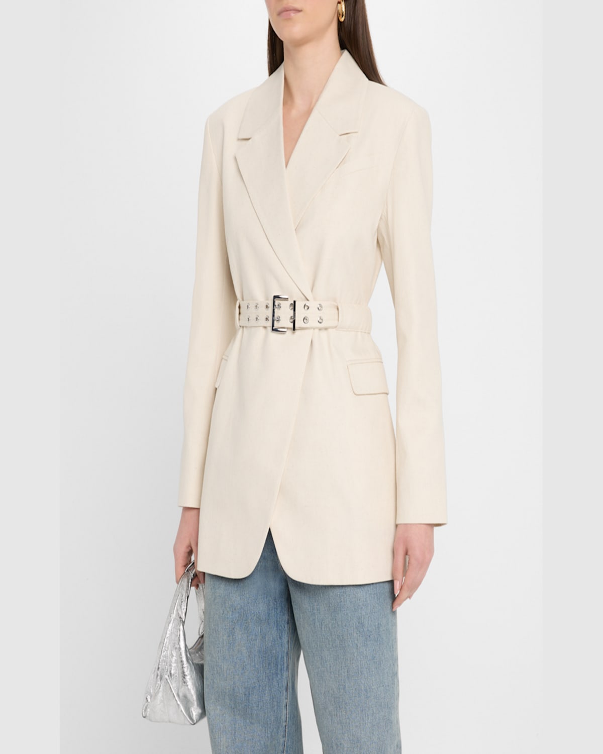 Ganni Belted Cotton Melange Blazer In Angora