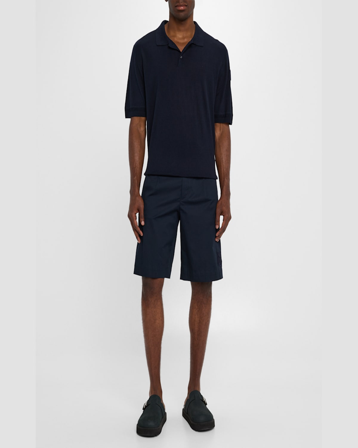 Moncler Men Blue Silk And Linen Knit Polo Shirt In Navy