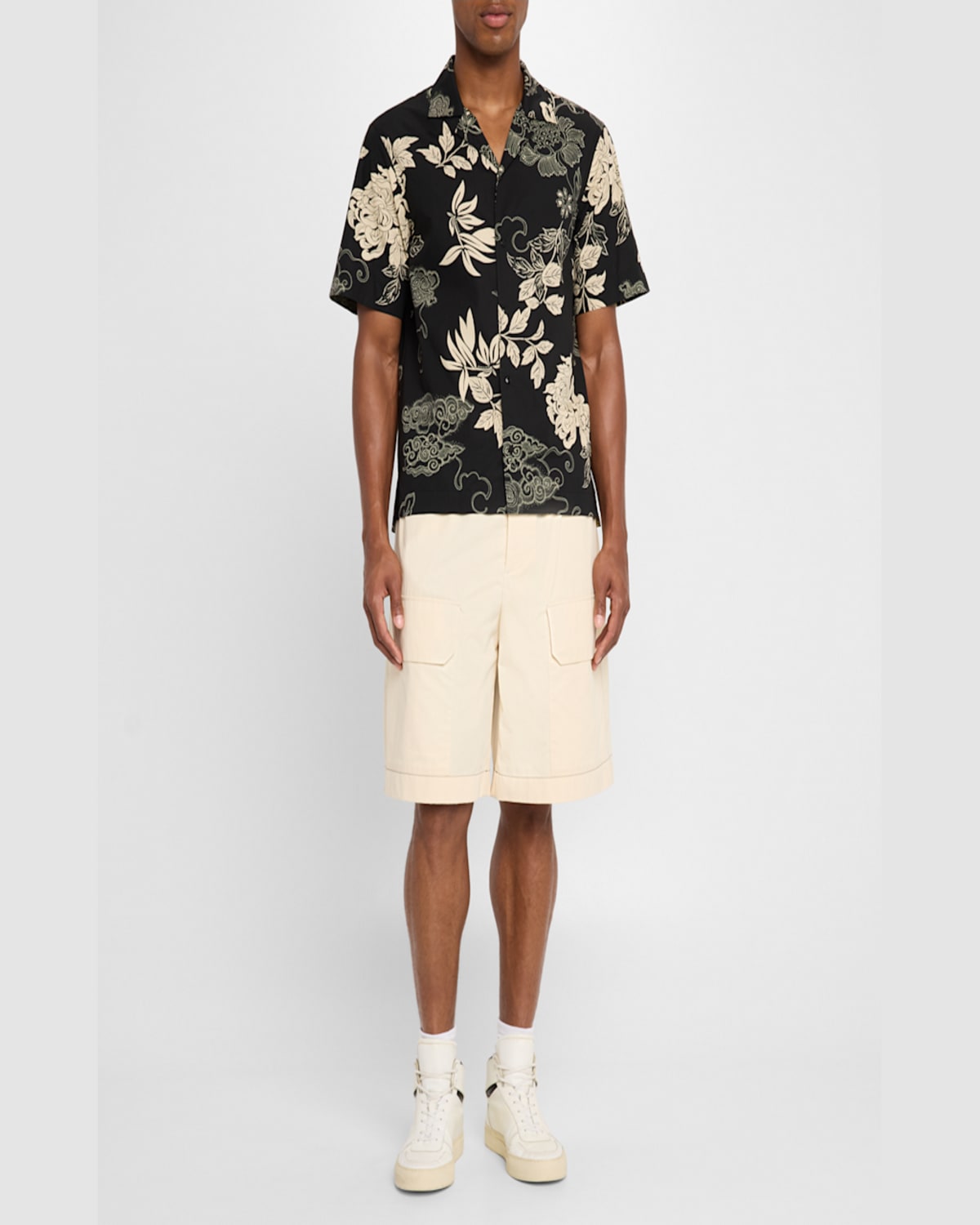 Moncler Men's Leaf-print Camp Shirt In Pastel Grey