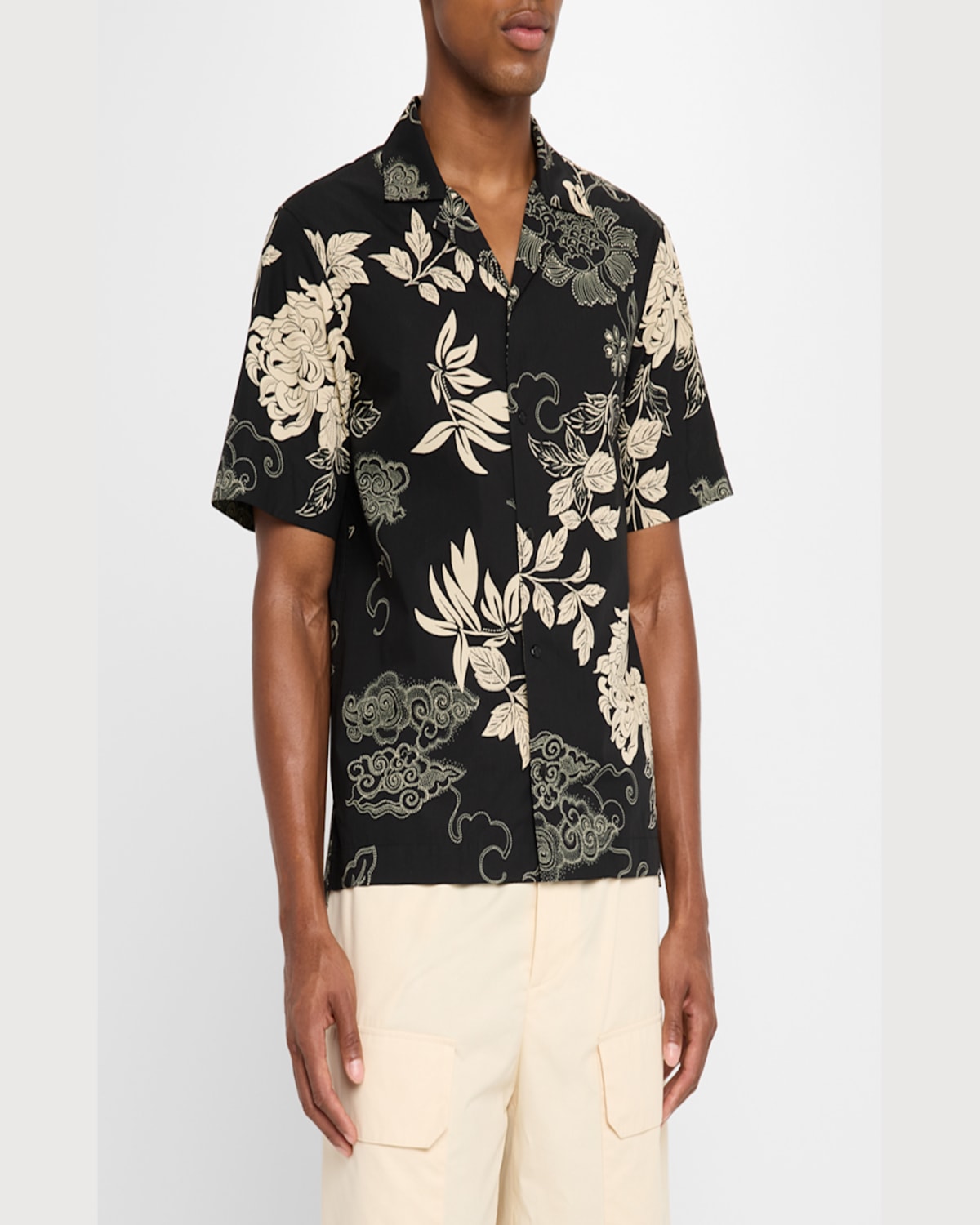 Moncler Men's Leaf-print Camp Shirt In Pastel Grey