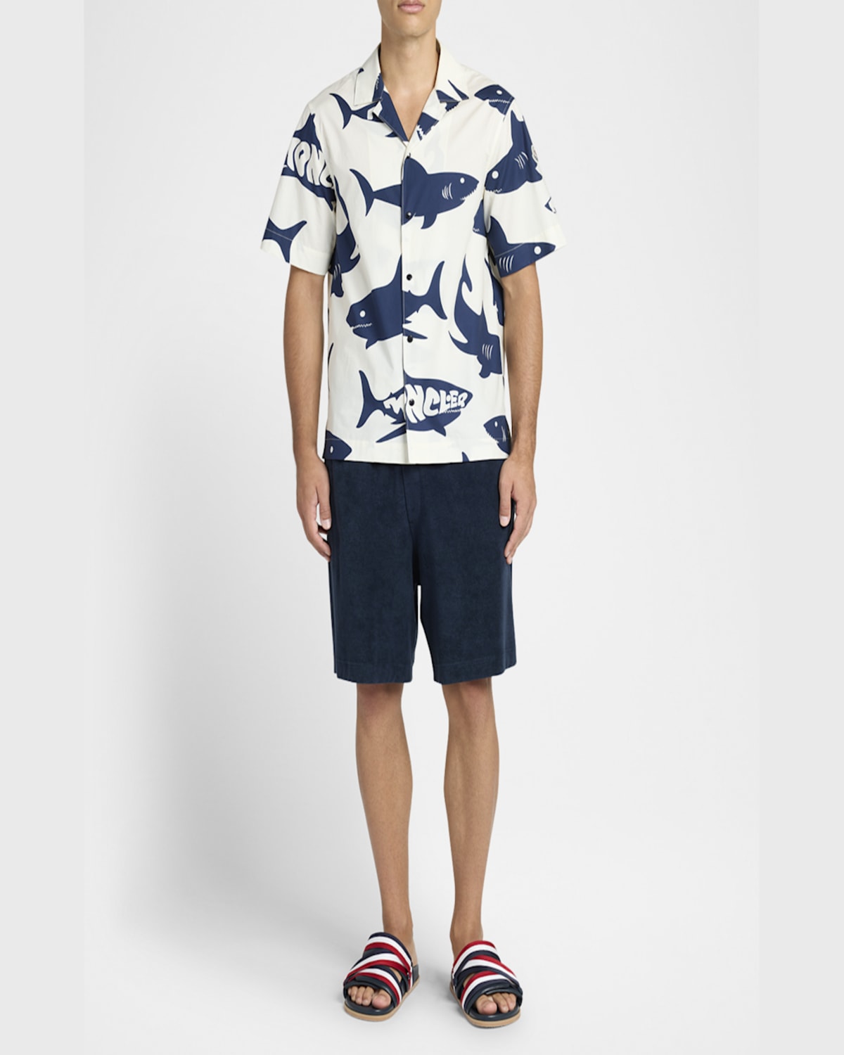 Moncler Chemise À Manches Courtes En Coton À Imprimé Requin In Dark Blue