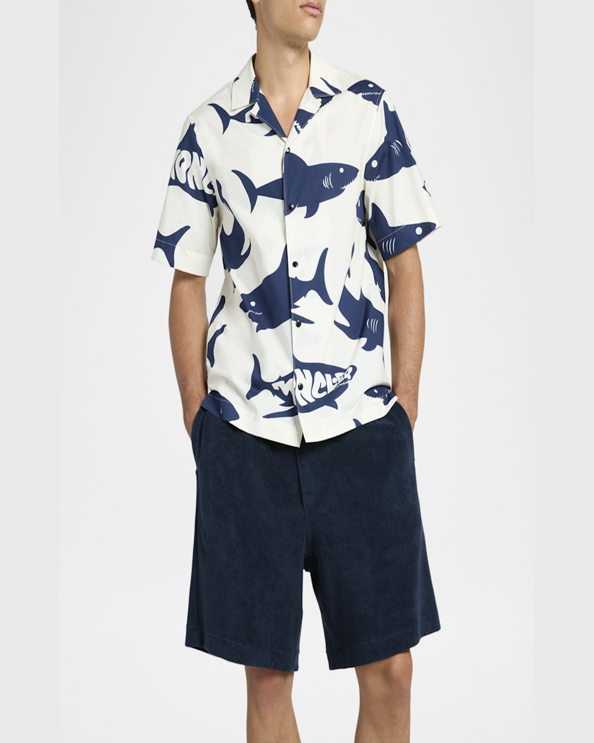 Moncler Chemise À Manches Courtes En Coton À Imprimé Requin In Dark Blue