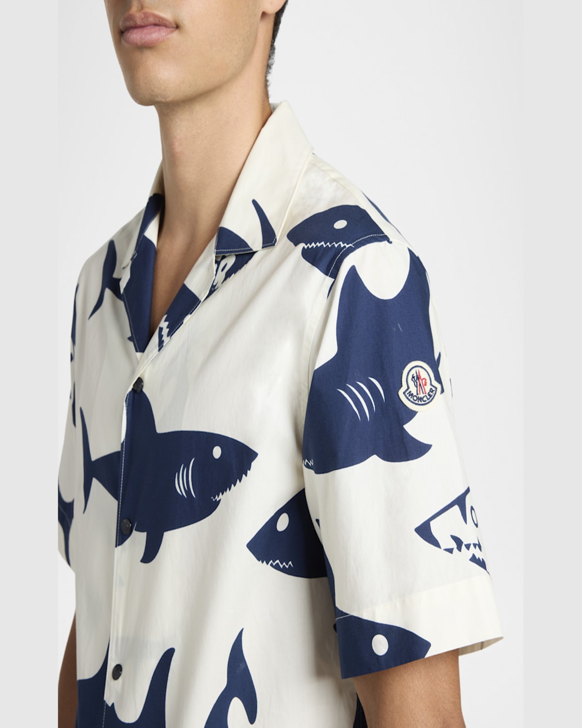 Moncler Chemise À Manches Courtes En Coton À Imprimé Requin In Dark Blue